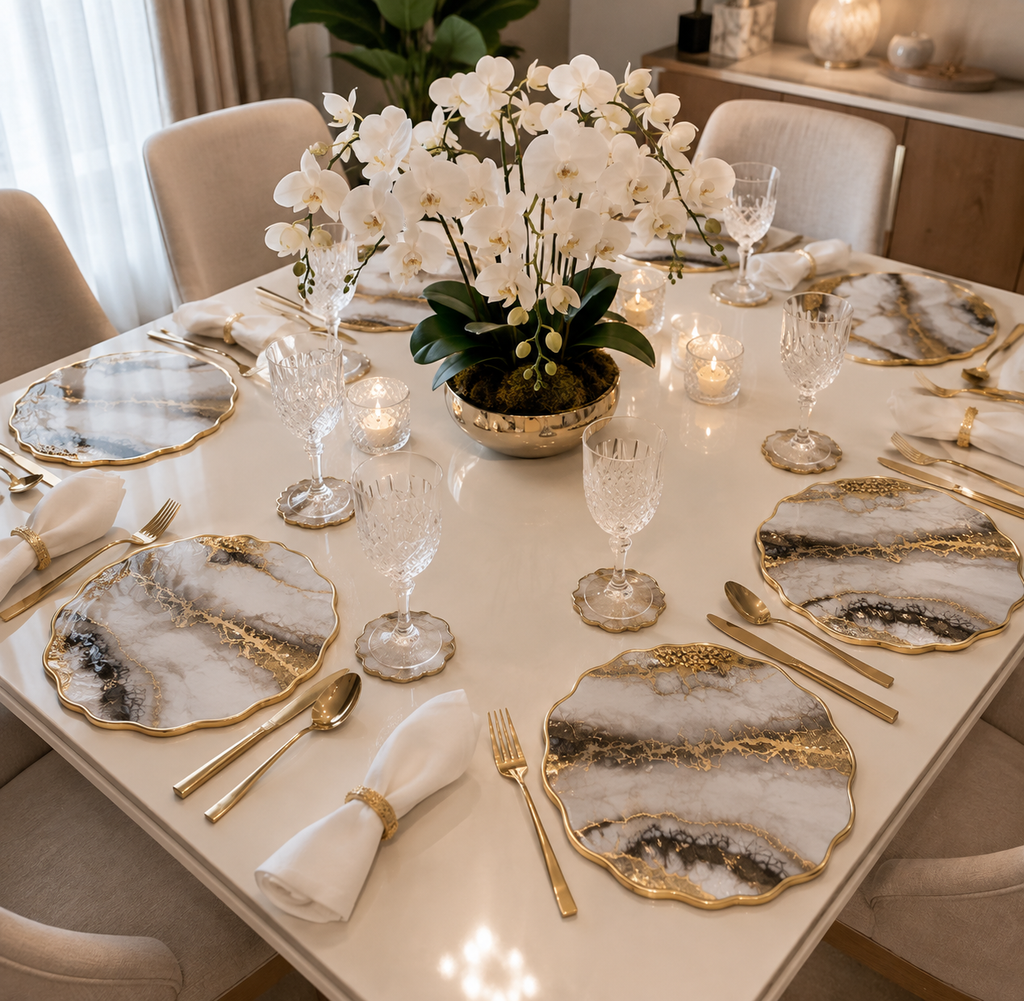 Imperial Marble Resin Placemats – Handmade White, Black & Gold Table Set