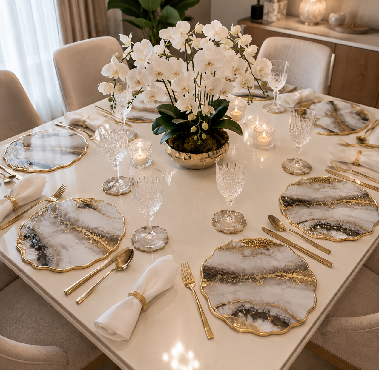 Imperial Marble Resin Placemats – Handmade White, Black & Gold Table Set