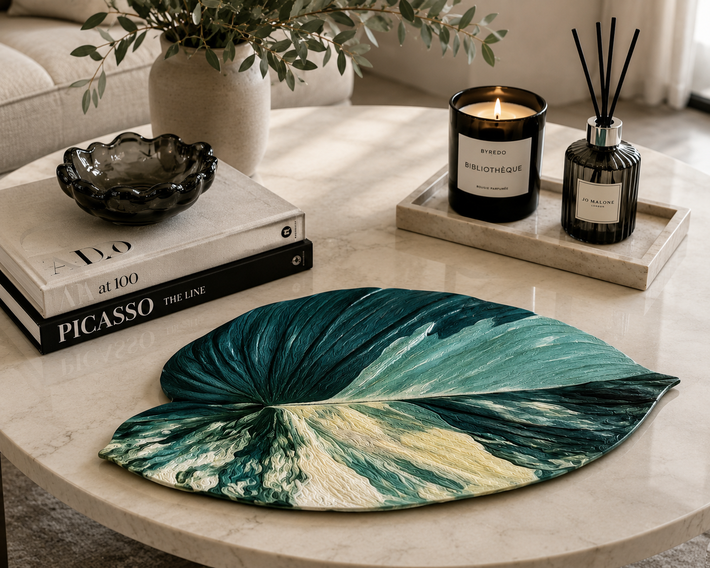 Heart-Shaped Variegated Leaf Luxury Centerpiece – Handcrafted Resin-on-Wood