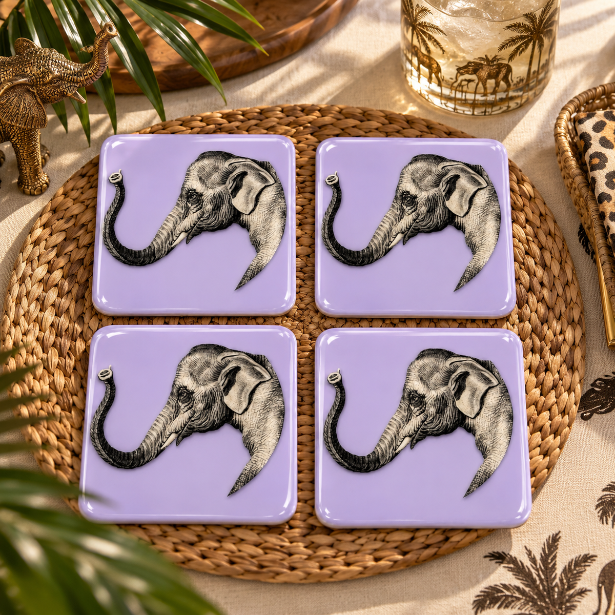 Safari Elephant Coasters - Handcrafted Resin-on-Wood Table Decor