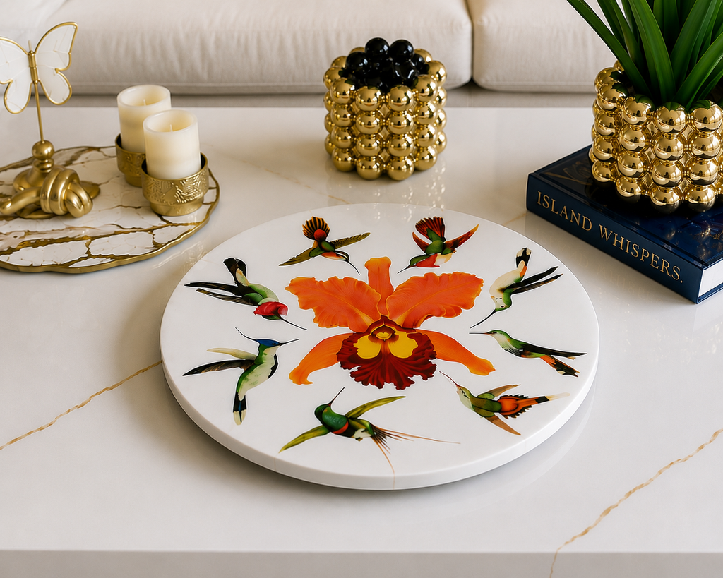 Orquídeas y Colibríes Lazy Susan de Resina de Lujo – Arte de Mesa Hecho a Mano