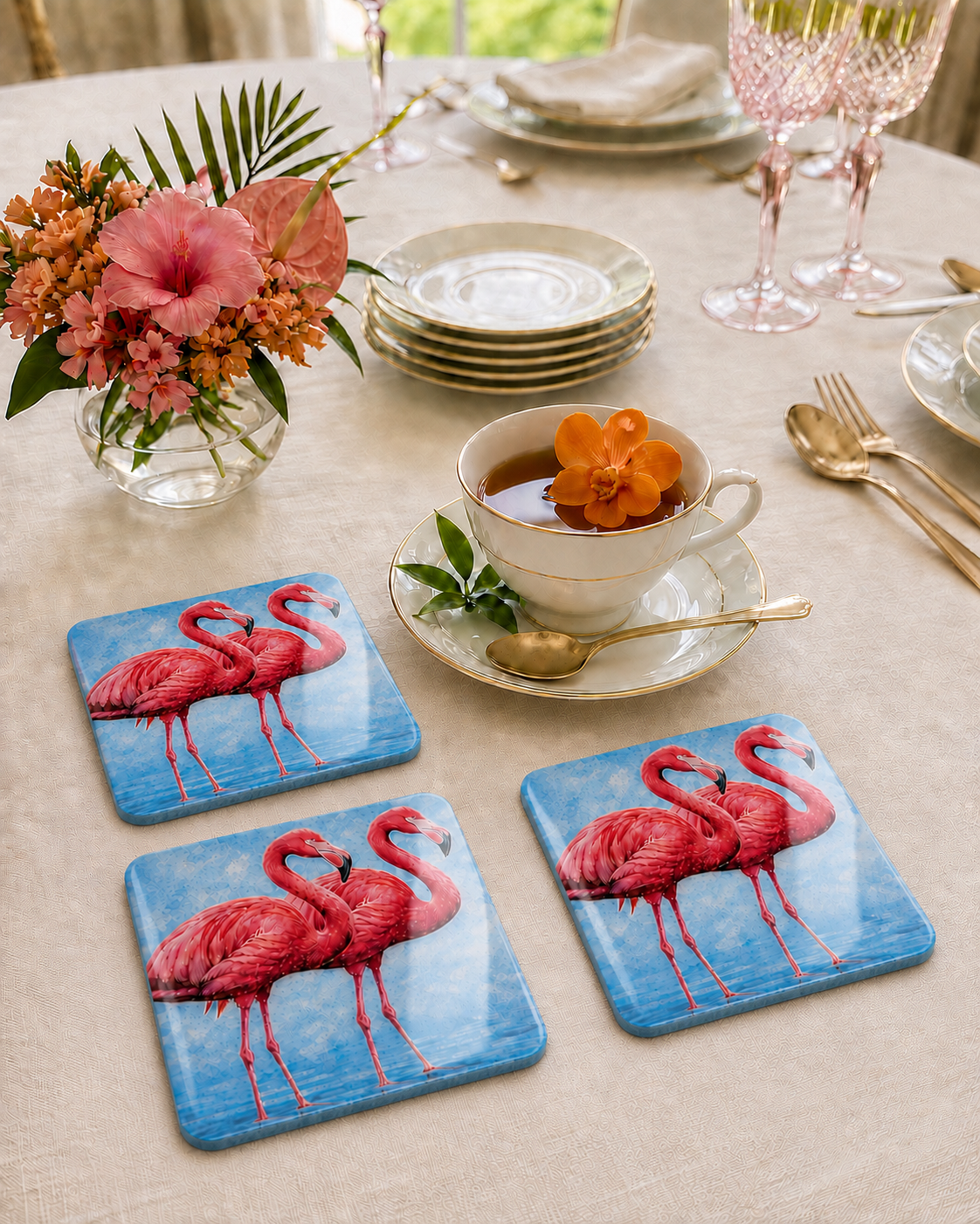 Royal Flamingos Luxury Coasters – Handcrafted Table Art