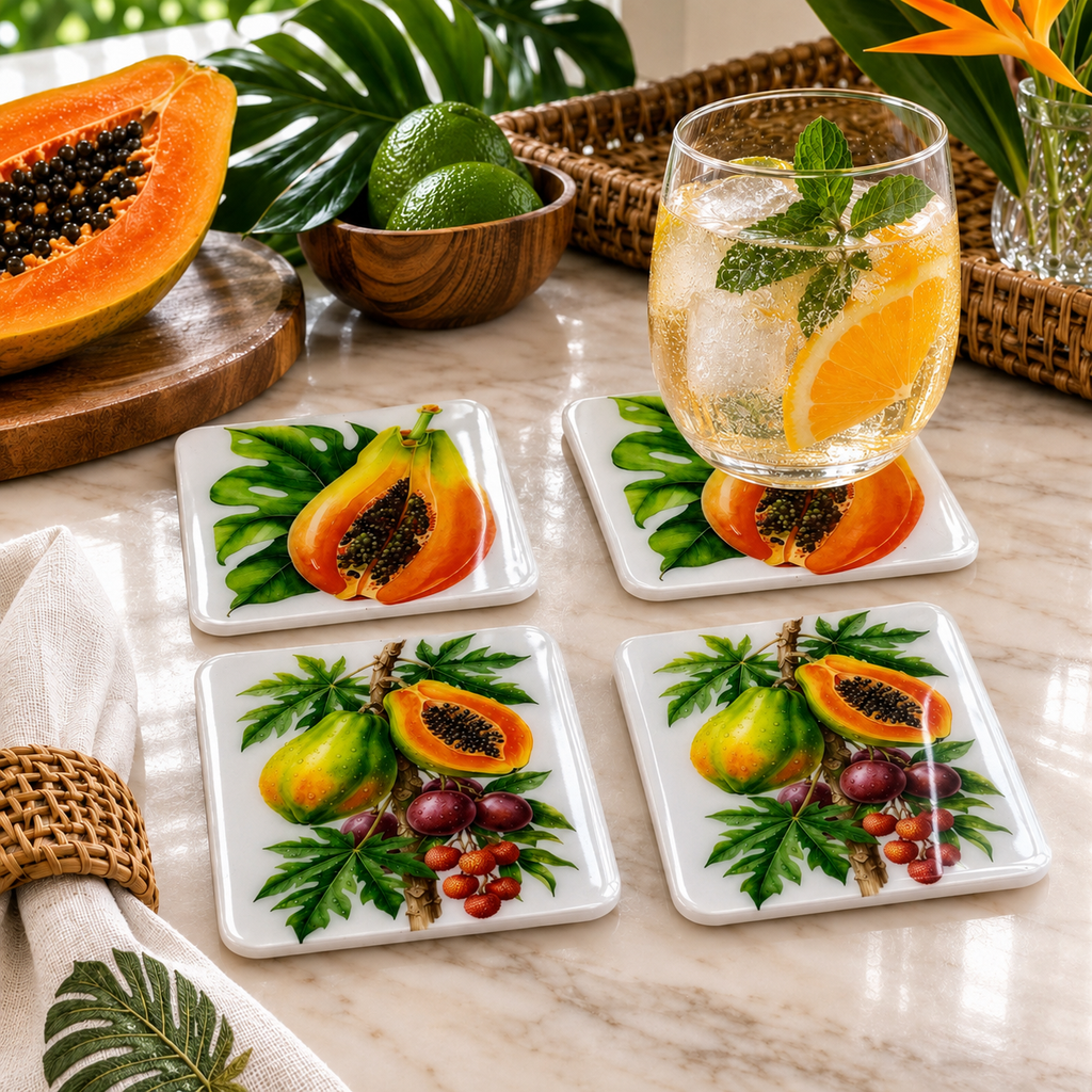 Tropical Papaya & Exotic Fruits Luxury Coasters – Handcrafted Resin-on-Wood