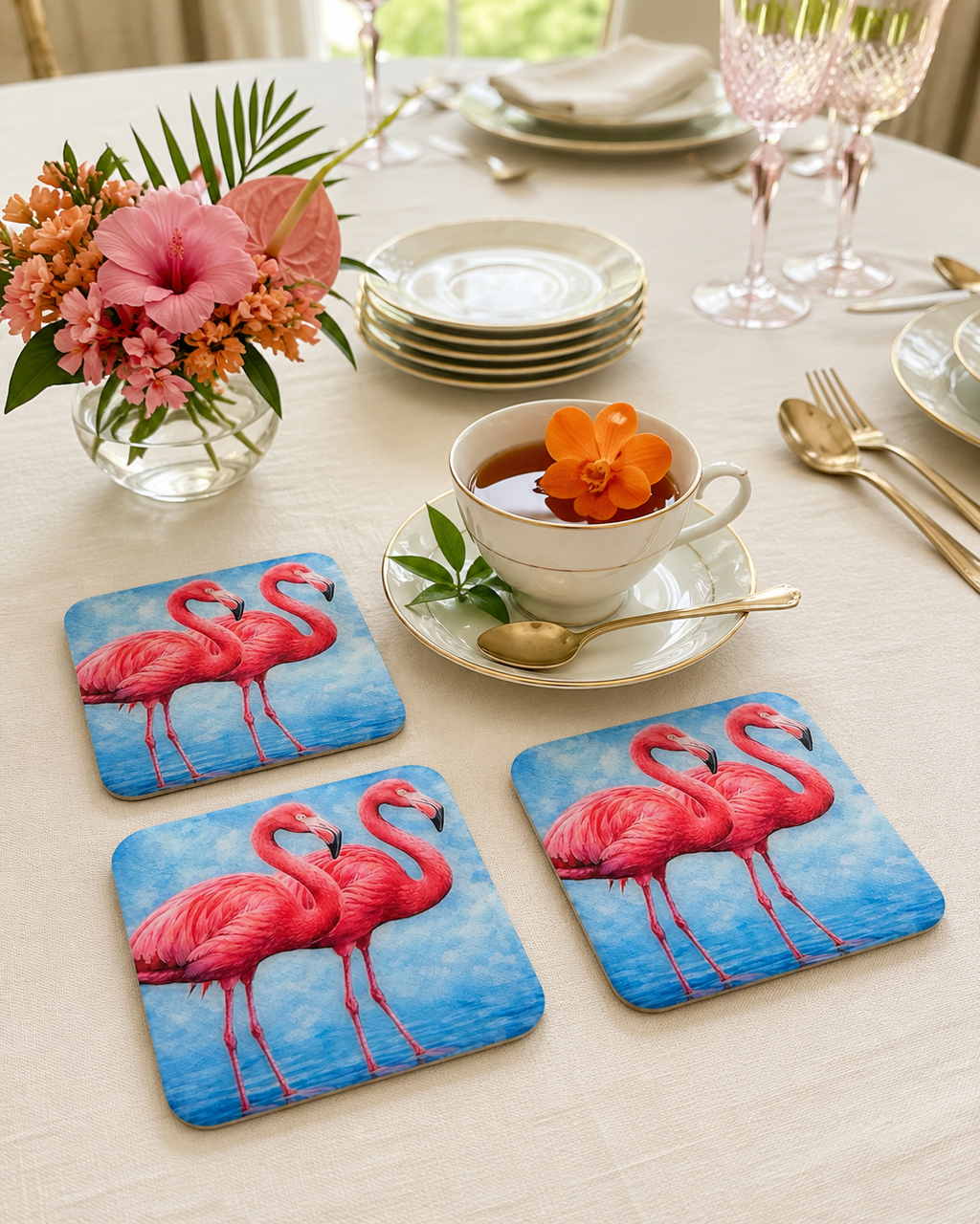 Royal Flamingos Luxury Coasters – Handcrafted Table Art
