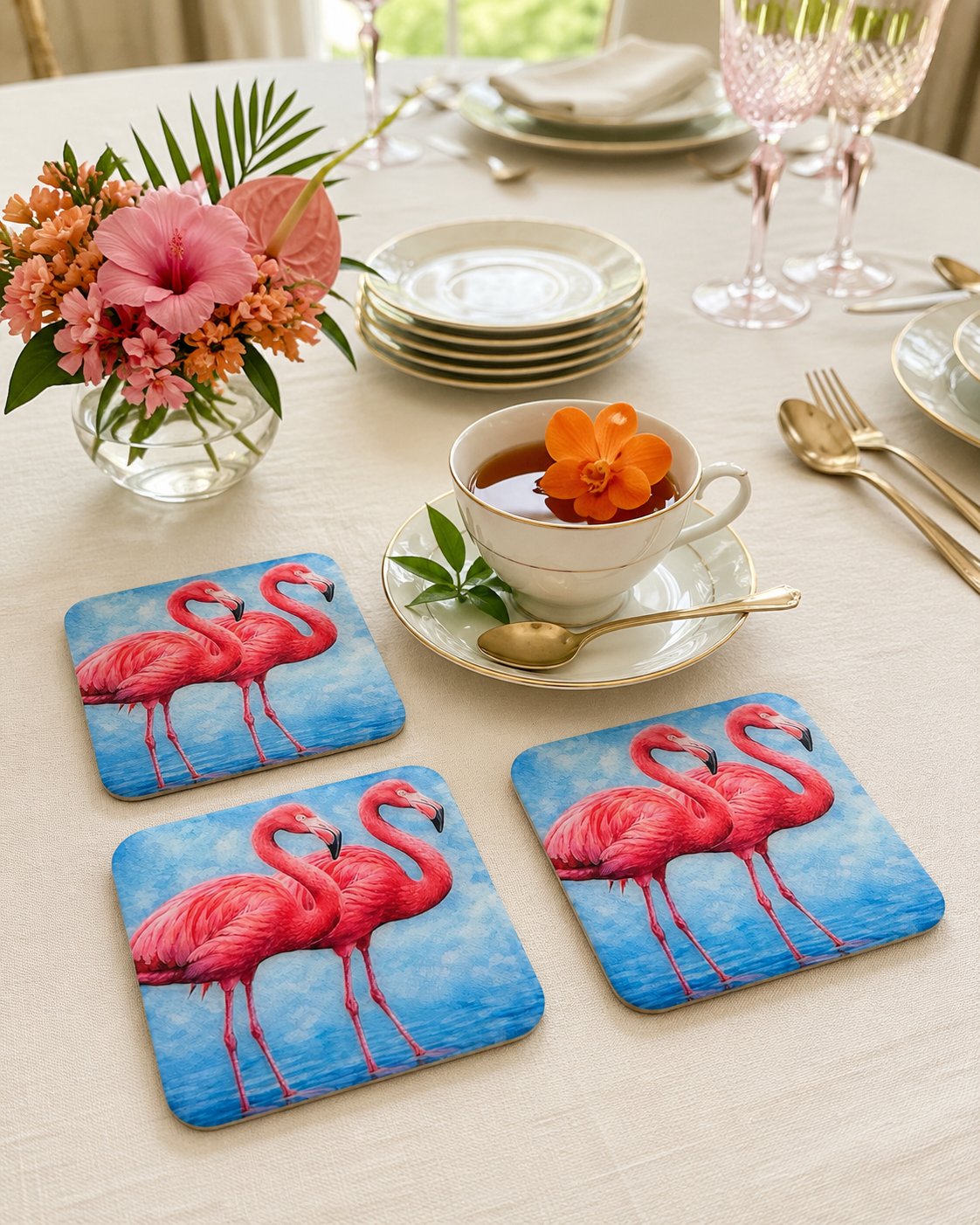 Royal Flamingos Luxury Coasters – Handcrafted Table Art