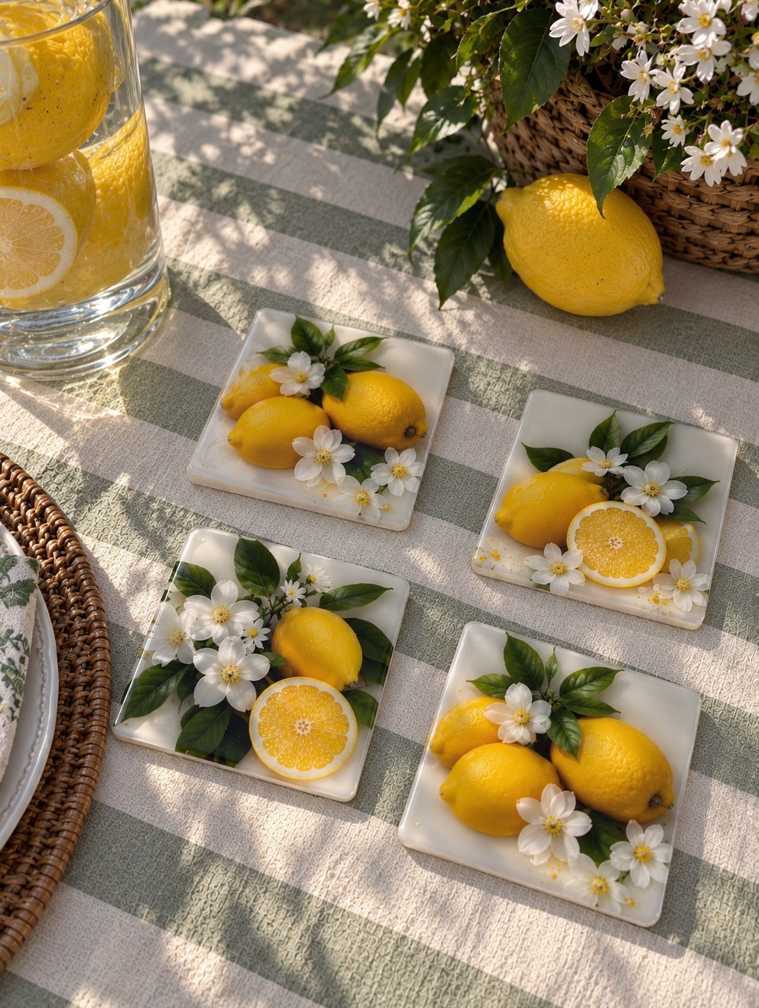 Lemon Blossom Coaster Set  Handmade Resin Art on Wood