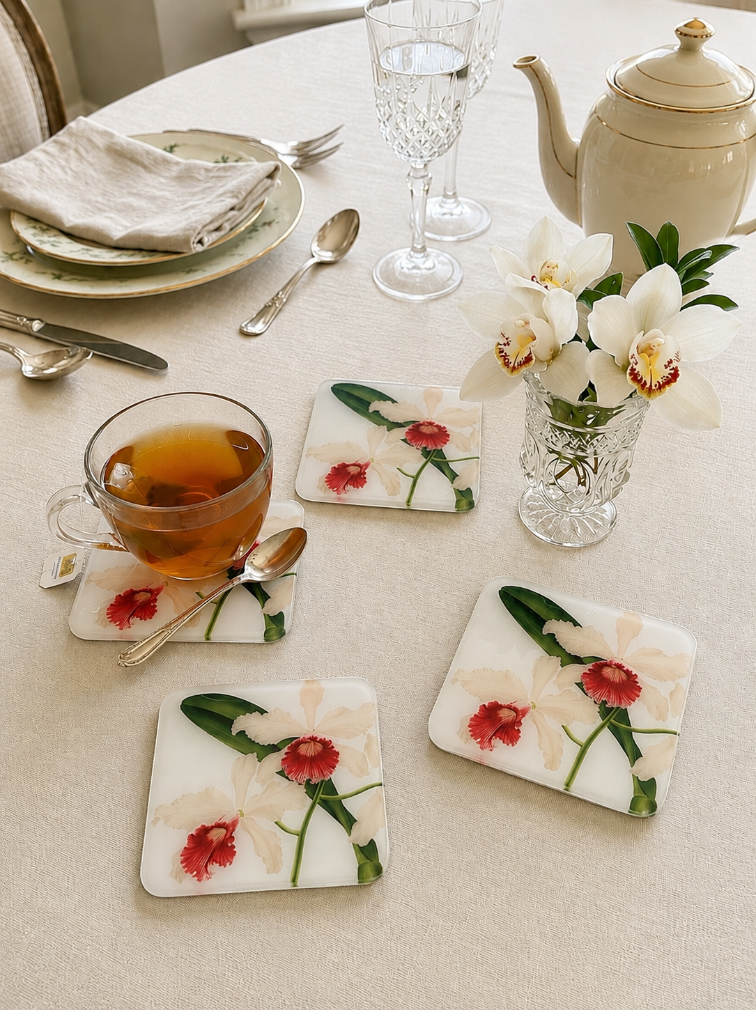 White Orchid Coasters | Handmade Floral Table Decor