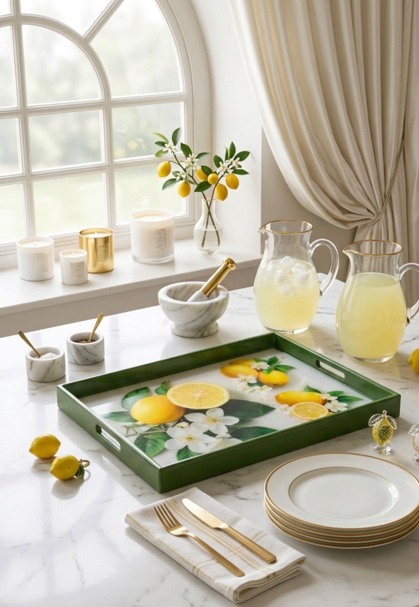 Modern Lemon Blossom Tray | Handmade Resin Art on Wood