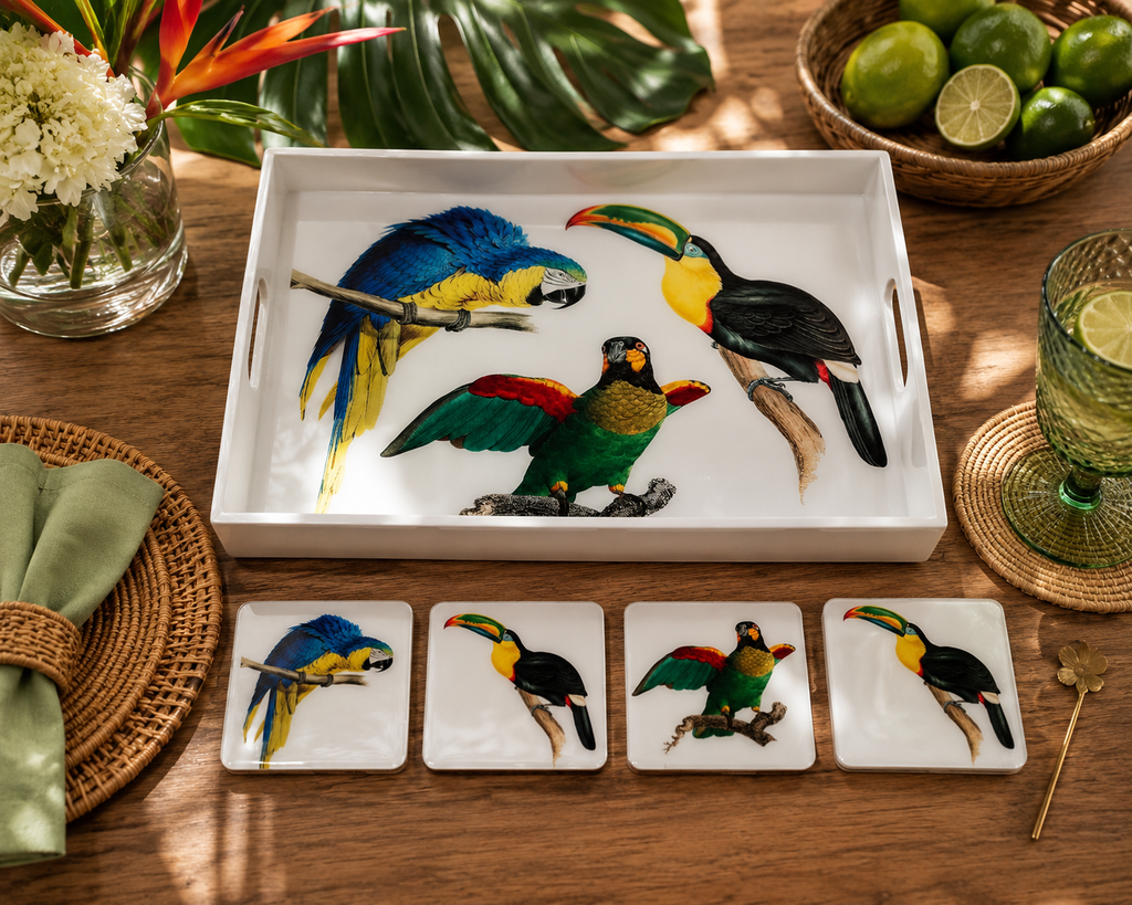 Tropical Birds Luxury Coasters  Handcrafted Resin on Wood