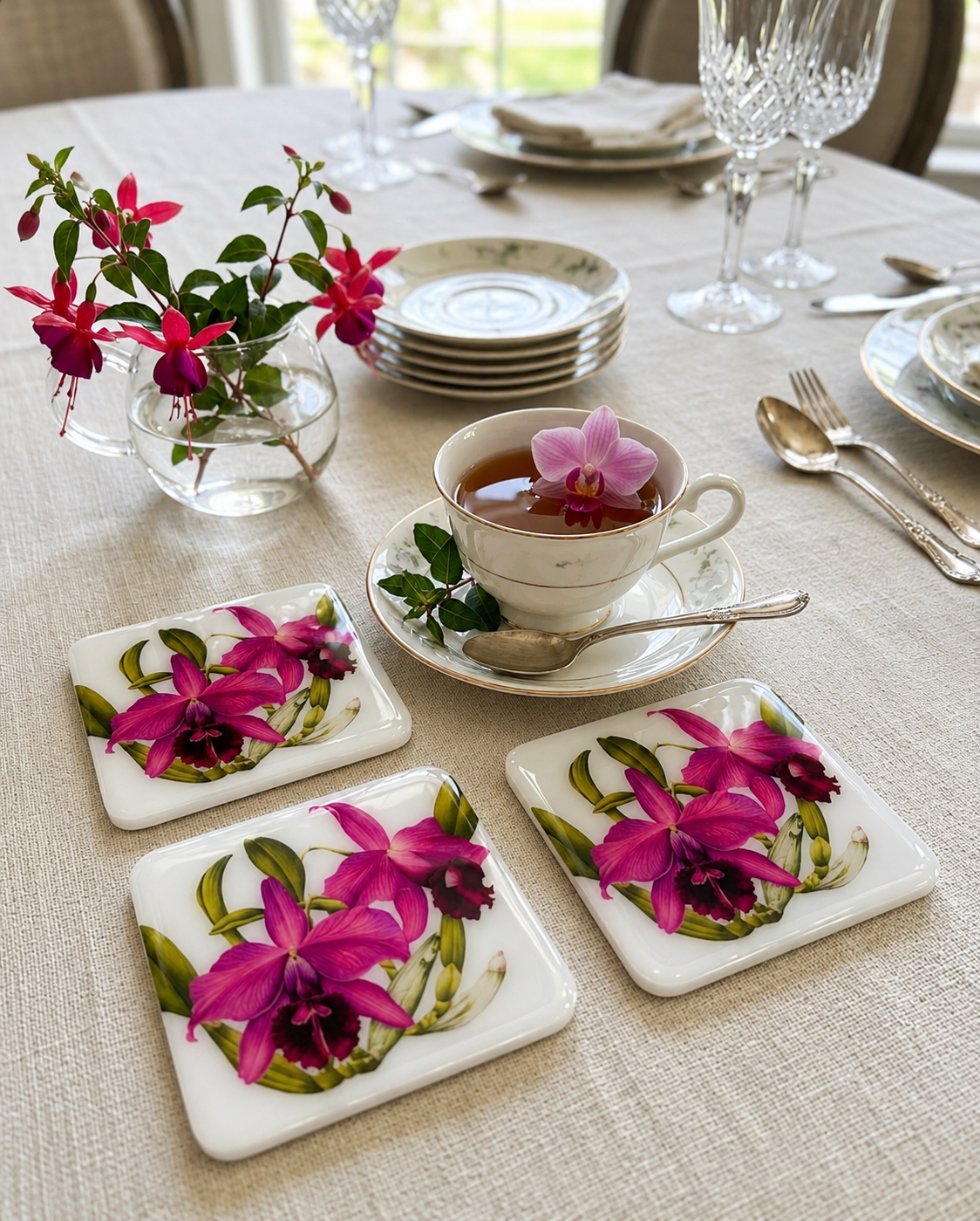 Fuchsia Orchid Coaster Set | Handcrafted Resin-on-Wood Botanical Coasters