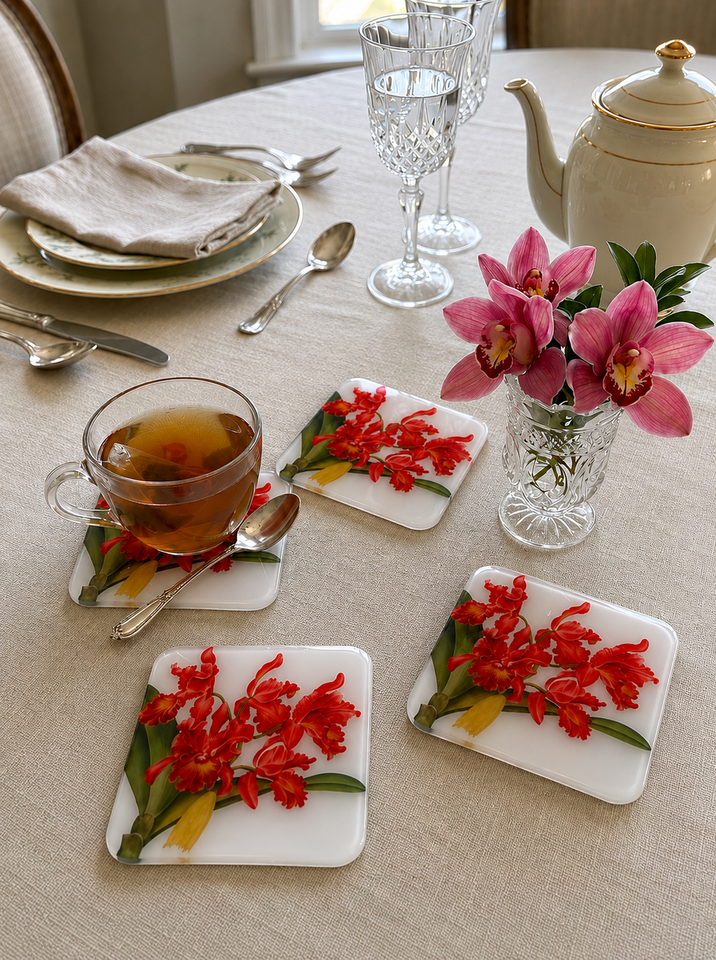 Red Orchid Elegance Coasters | Handmade Floral Table Decor