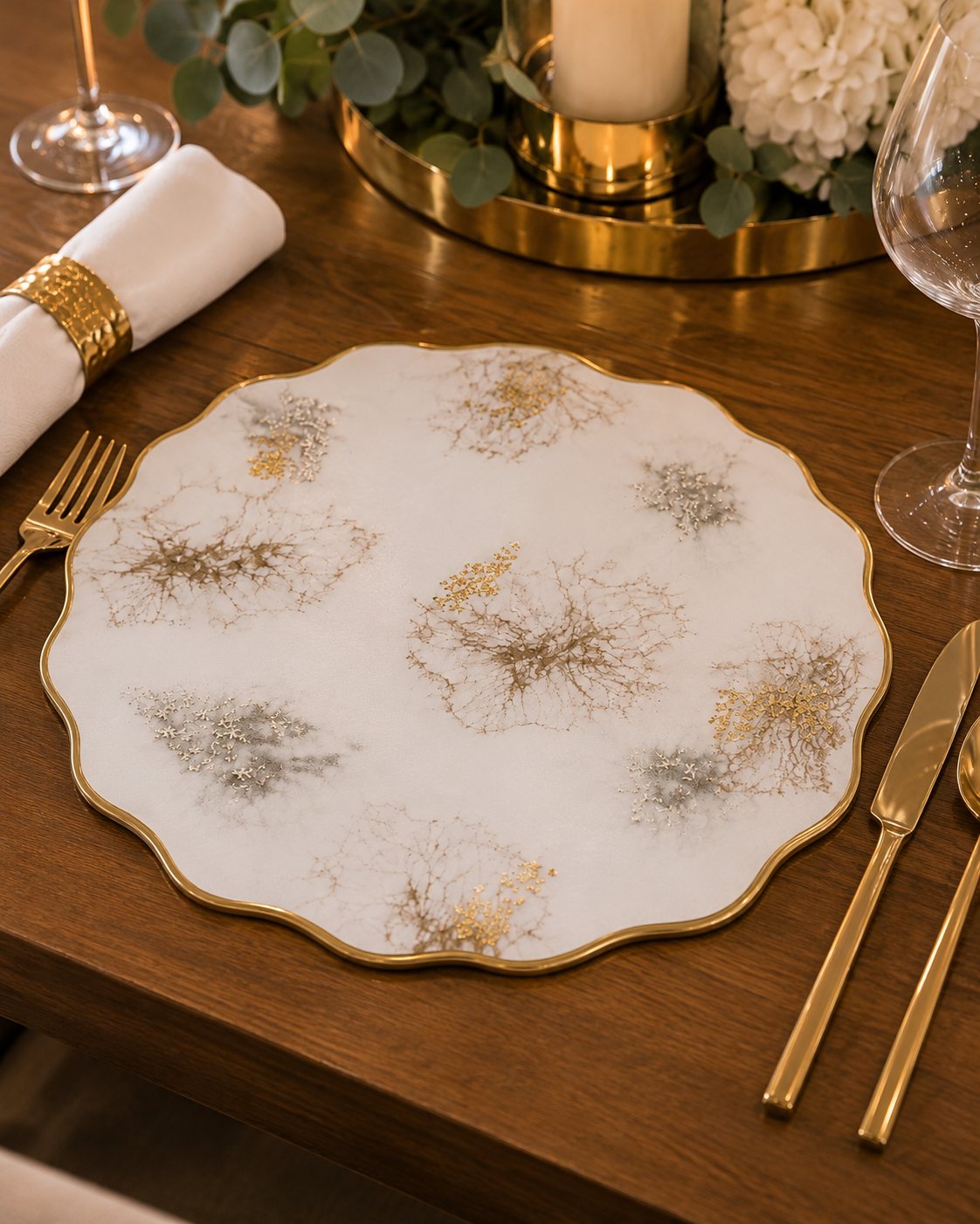 White Gold & Silver Marble Resin Placemat – Handmade Luxury Table Decor