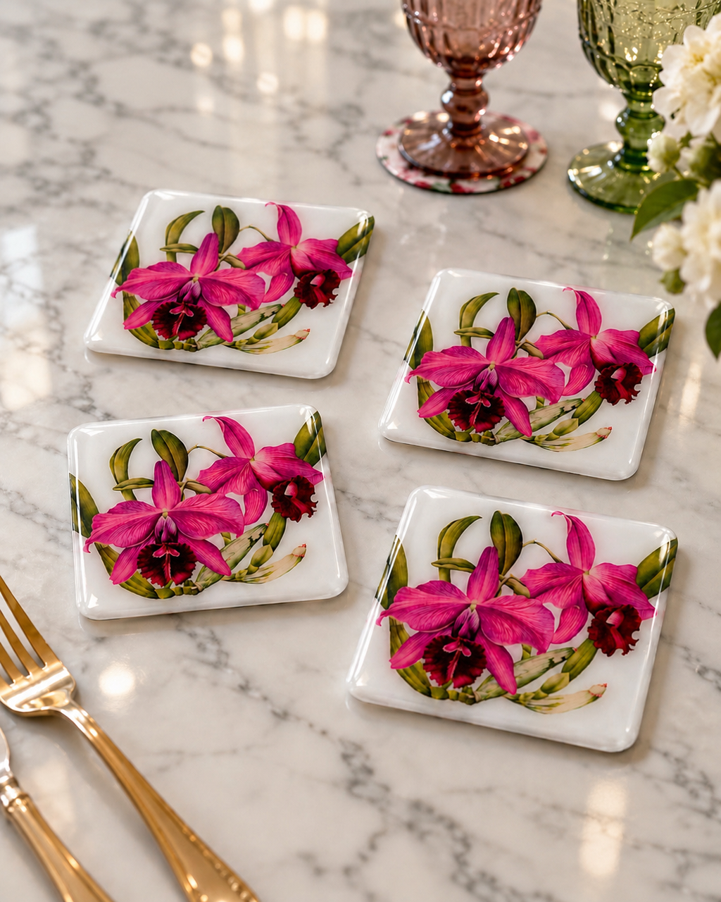 Fuchsia Orchid Coaster Set | Handcrafted Resin-on-Wood Botanical Coasters