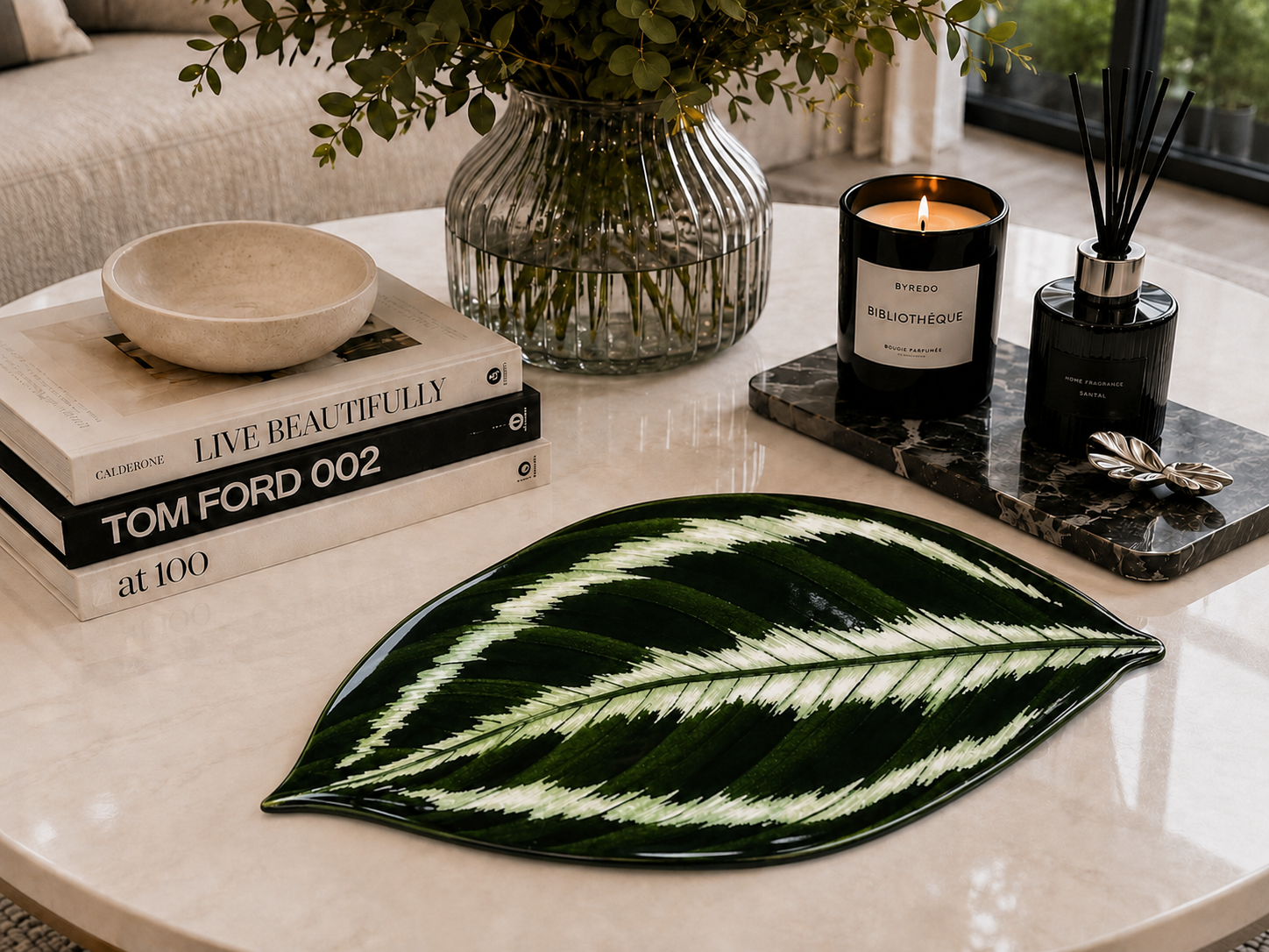 Green Tropical Leaf Centerpiece – Handcrafted Resin-on-Wood