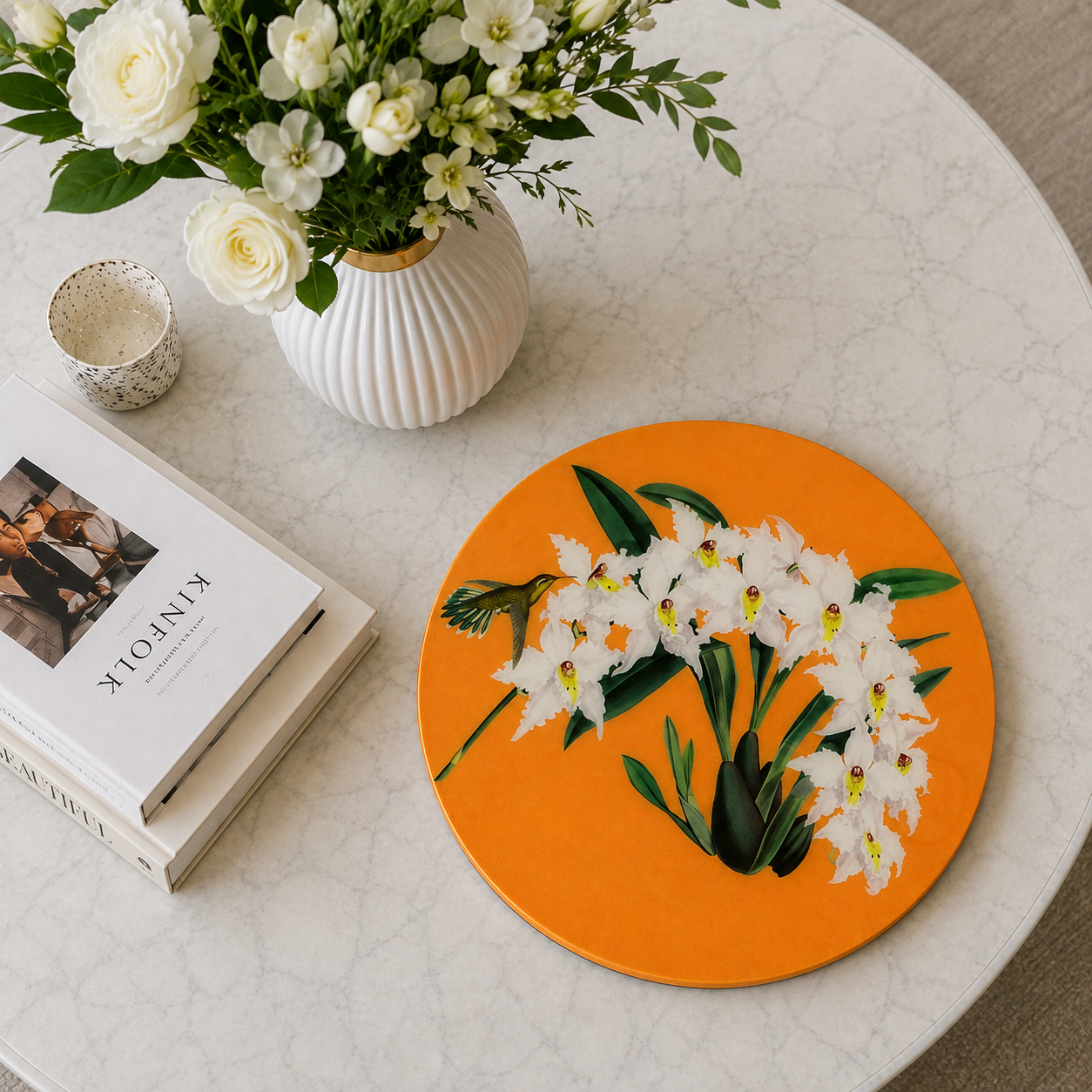 Orange Botanical Lazy Susan | Handcrafted Resin-on-Wood Table Decor