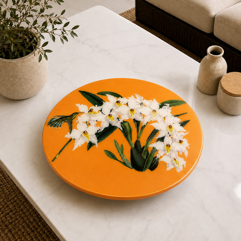 Orange Botanical Lazy Susan | Handcrafted Resin-on-Wood Table Decor