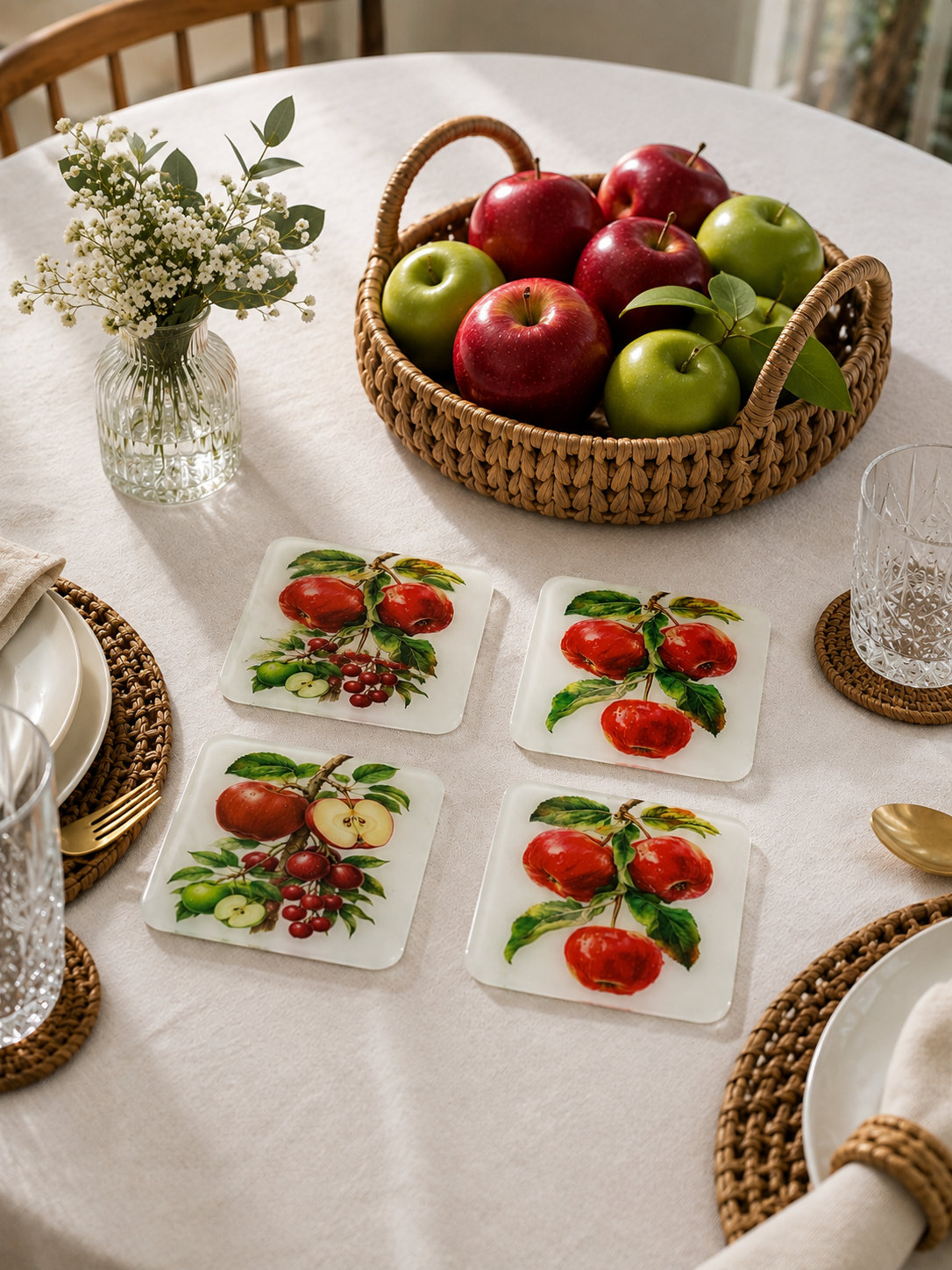 Apple Blossom Luxury Coasters – Handcrafted Resin-on-Wood