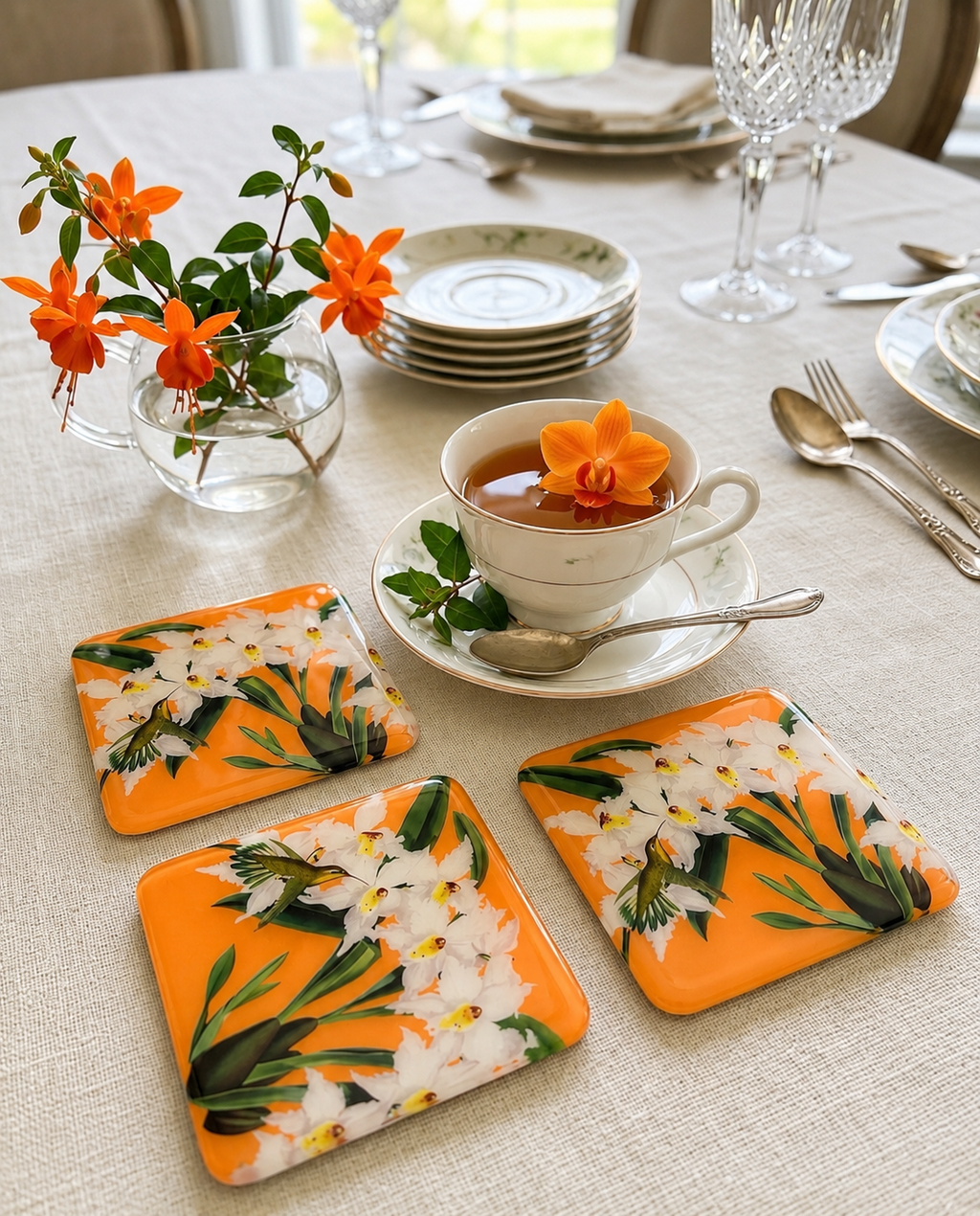 Orange Botanical Coasters  Handcrafted Resin-on-Wood Table Decor