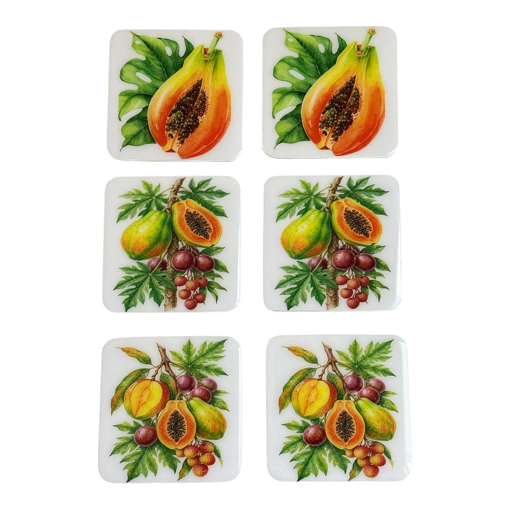Tropical Papaya & Exotic Fruits Luxury Coasters – Handcrafted Resin-on-Wood