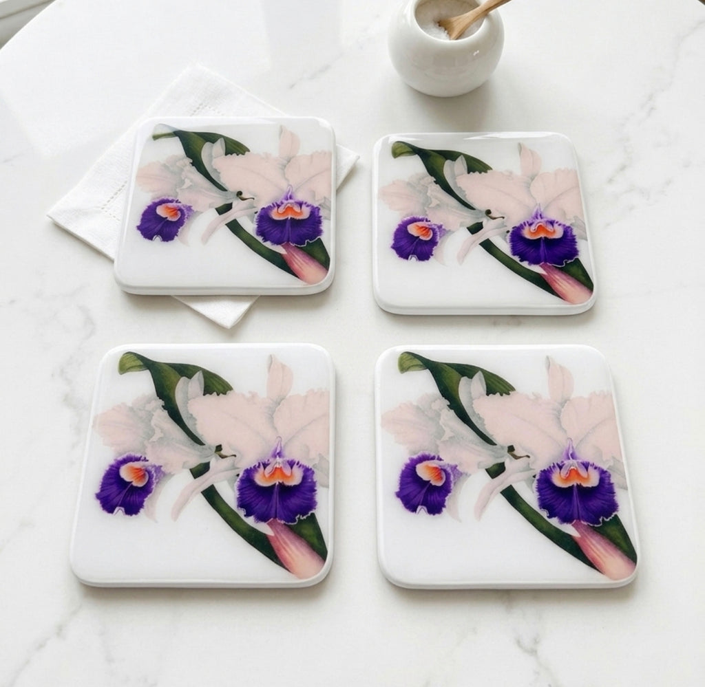 Handcrafted Coasters: White and  Purple Orchid Collection