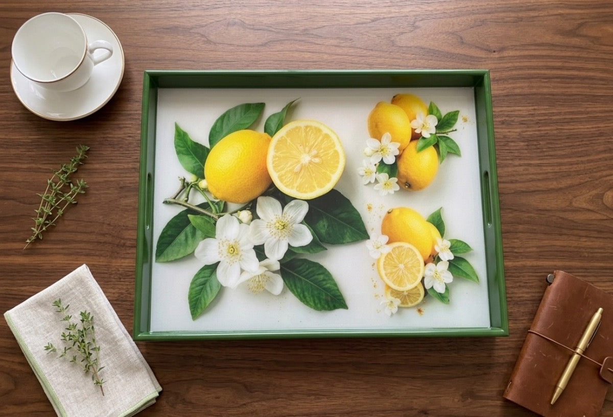 Modern Lemon Blossom Tray | Handmade Resin Art on Wood