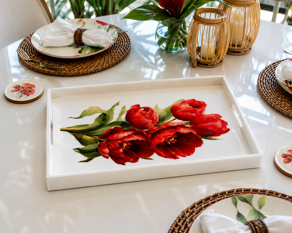 Scarlet Tulips Luxury Serving Tray – Handcrafted Resin-on-Wood