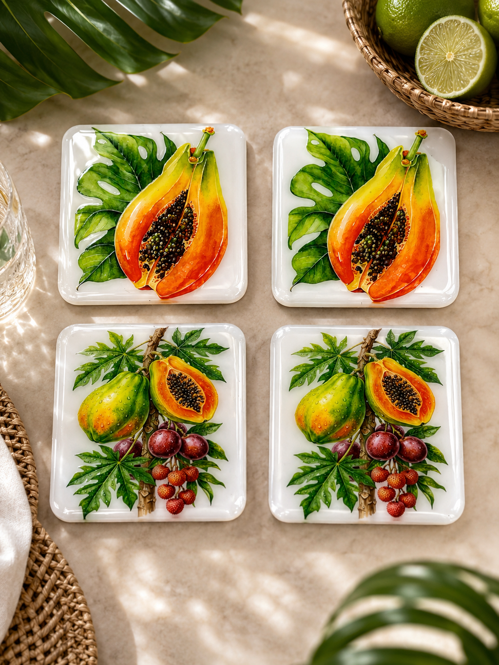 Tropical Papaya & Exotic Fruits Luxury Coasters – Handcrafted Resin-on-Wood