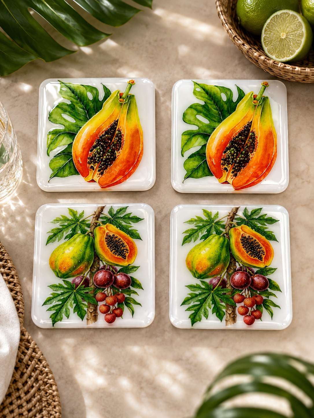 Tropical Papaya & Exotic Fruits Luxury Coasters – Handcrafted Resin-on-Wood