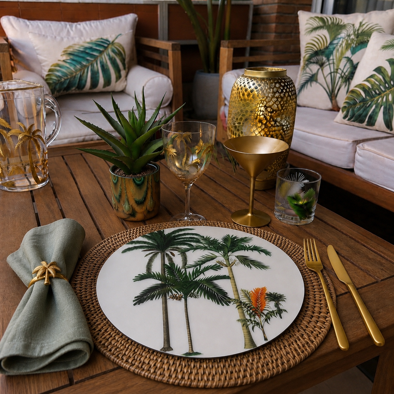 Manteles Individuales Redondos de Palmeras Tropicales Botánicas | Colección Elegancia Tropical