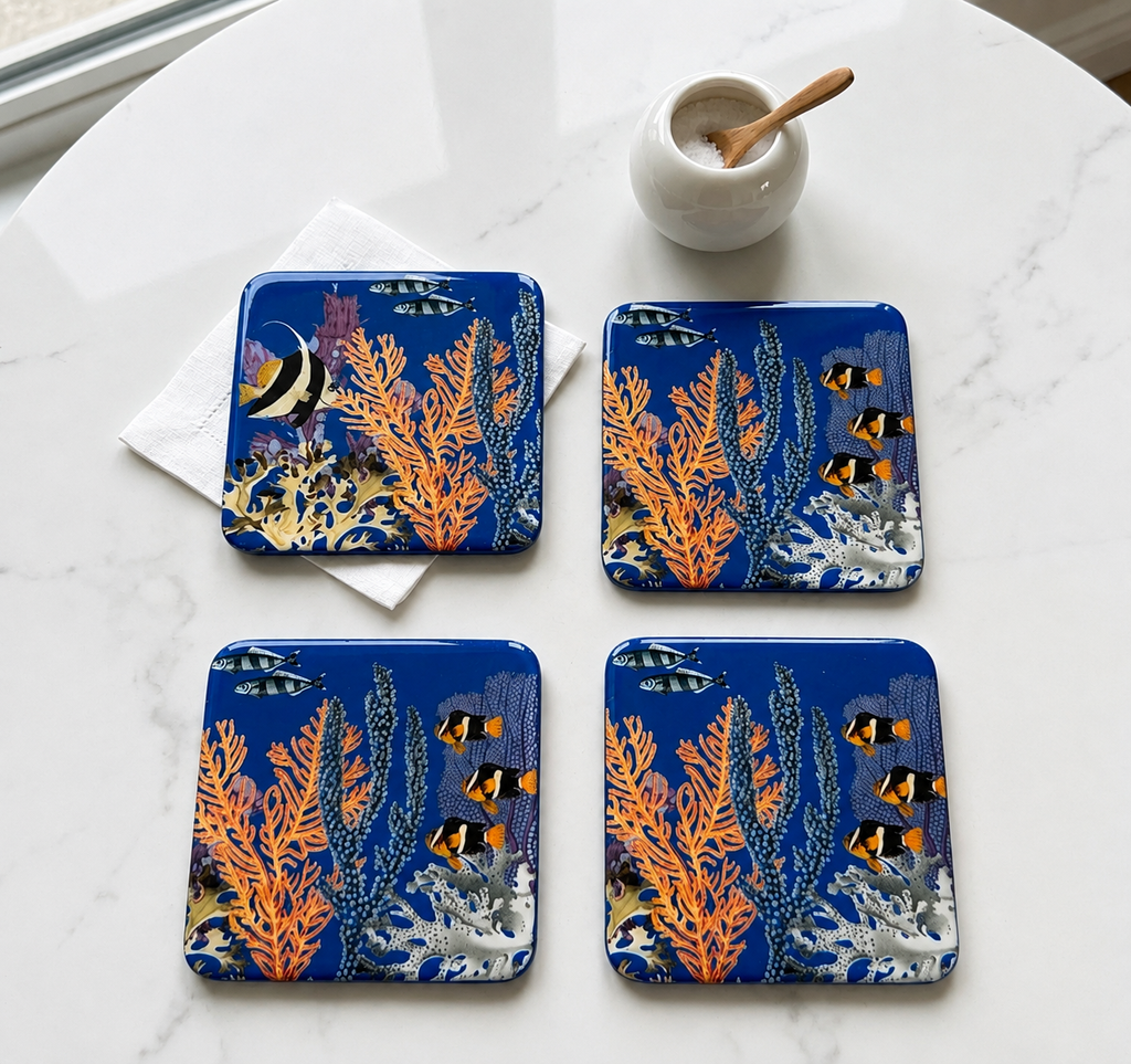 Reef Ocean Resin Coasters  Handcrafted Marine Art for Luxury Tables