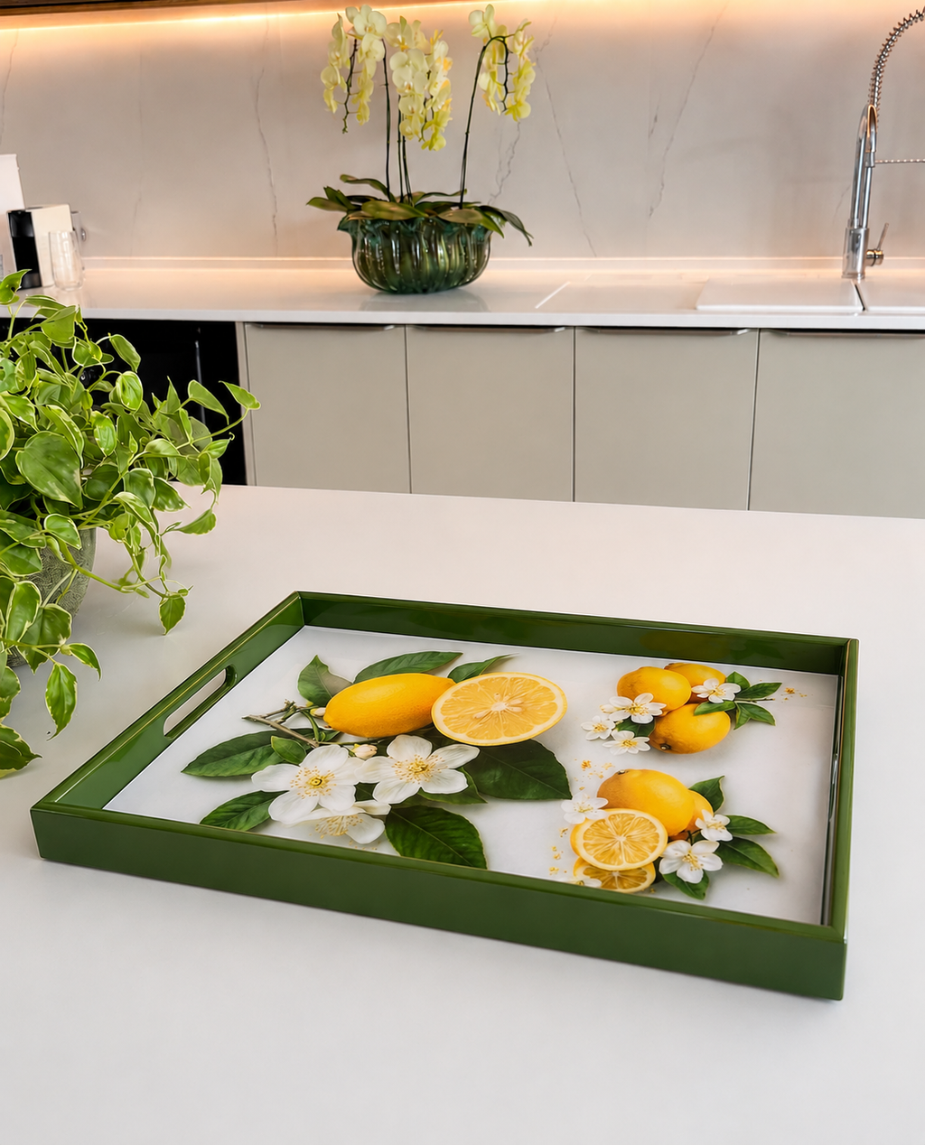 Modern Lemon Blossom Tray | Handmade Resin Art on Wood
