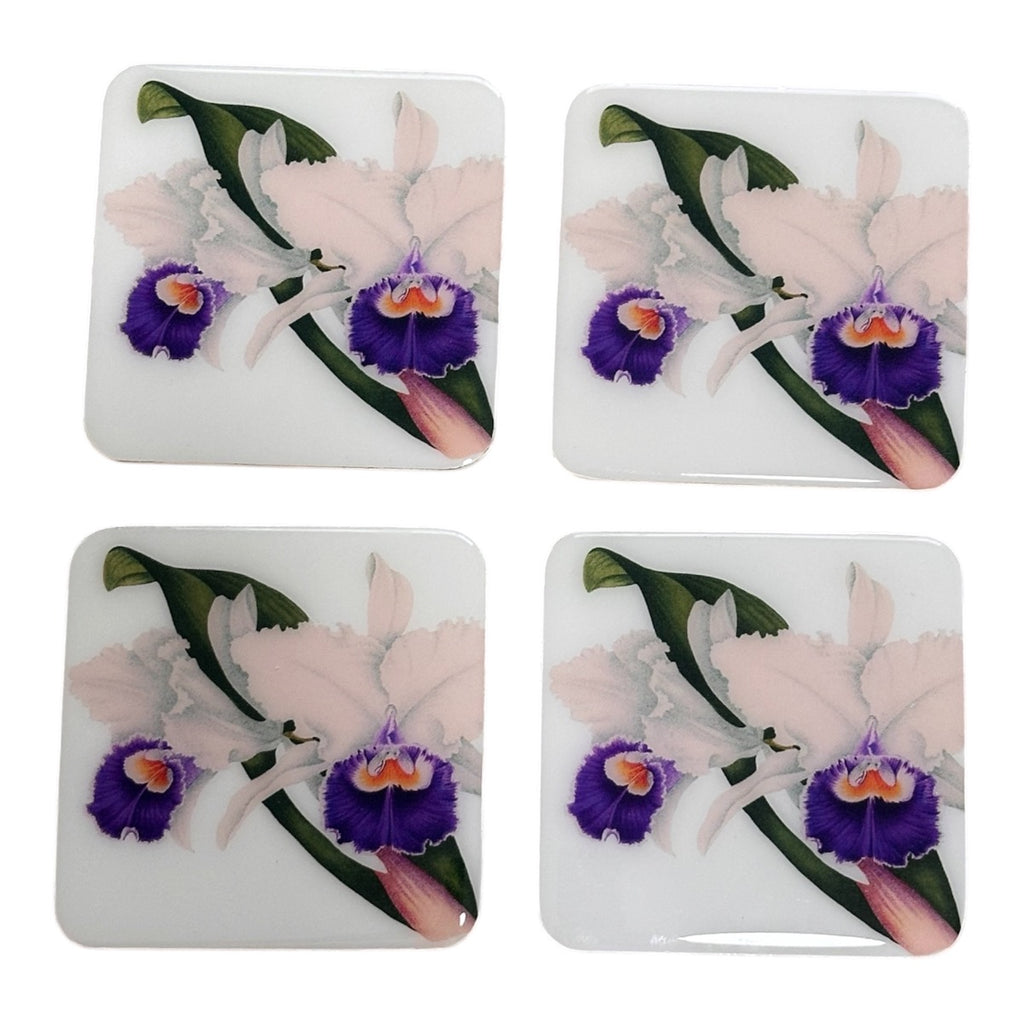 Juego de Posavasos de Orquídeas Blancas y Moradas Hechas a Mano en Resina sobre Madera