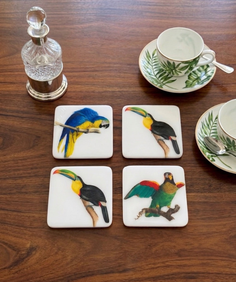 Tropical Birds Luxury Coasters – Handcrafted Resin-on-Wood
