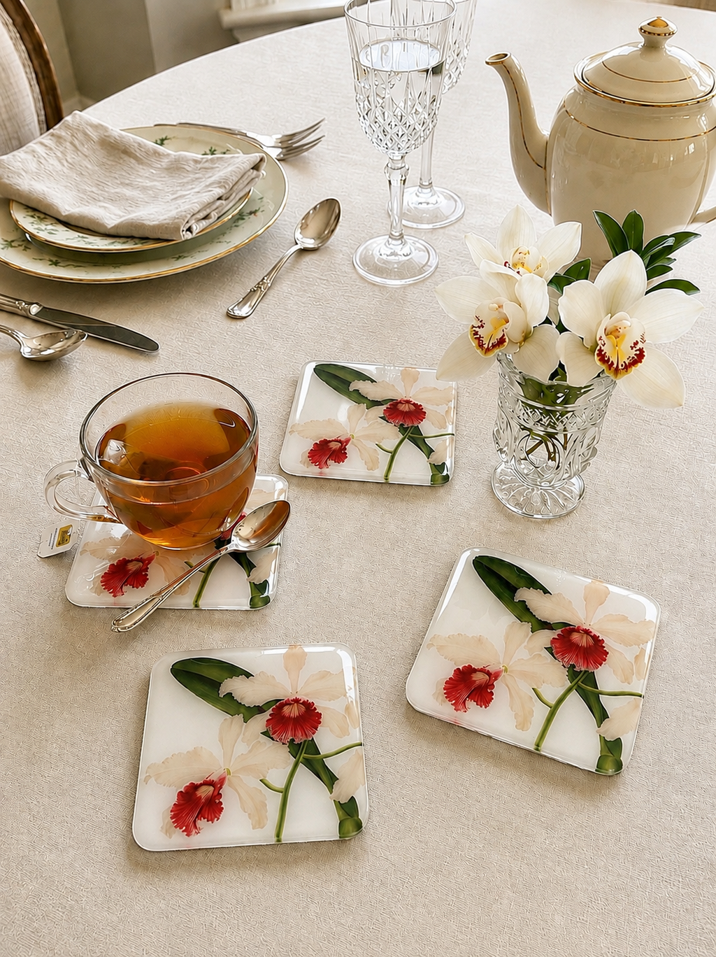 White Orchid Coasters | Handmade Floral Table Decor