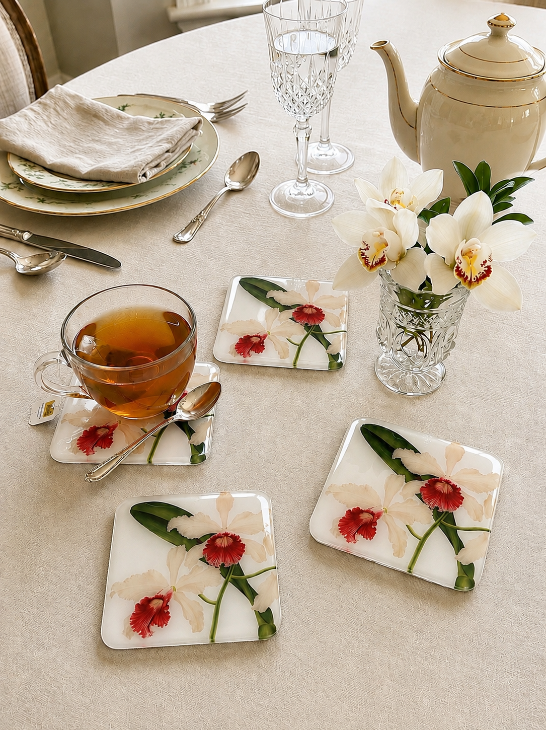 White Orchid Coasters | Handmade Floral Table Decor