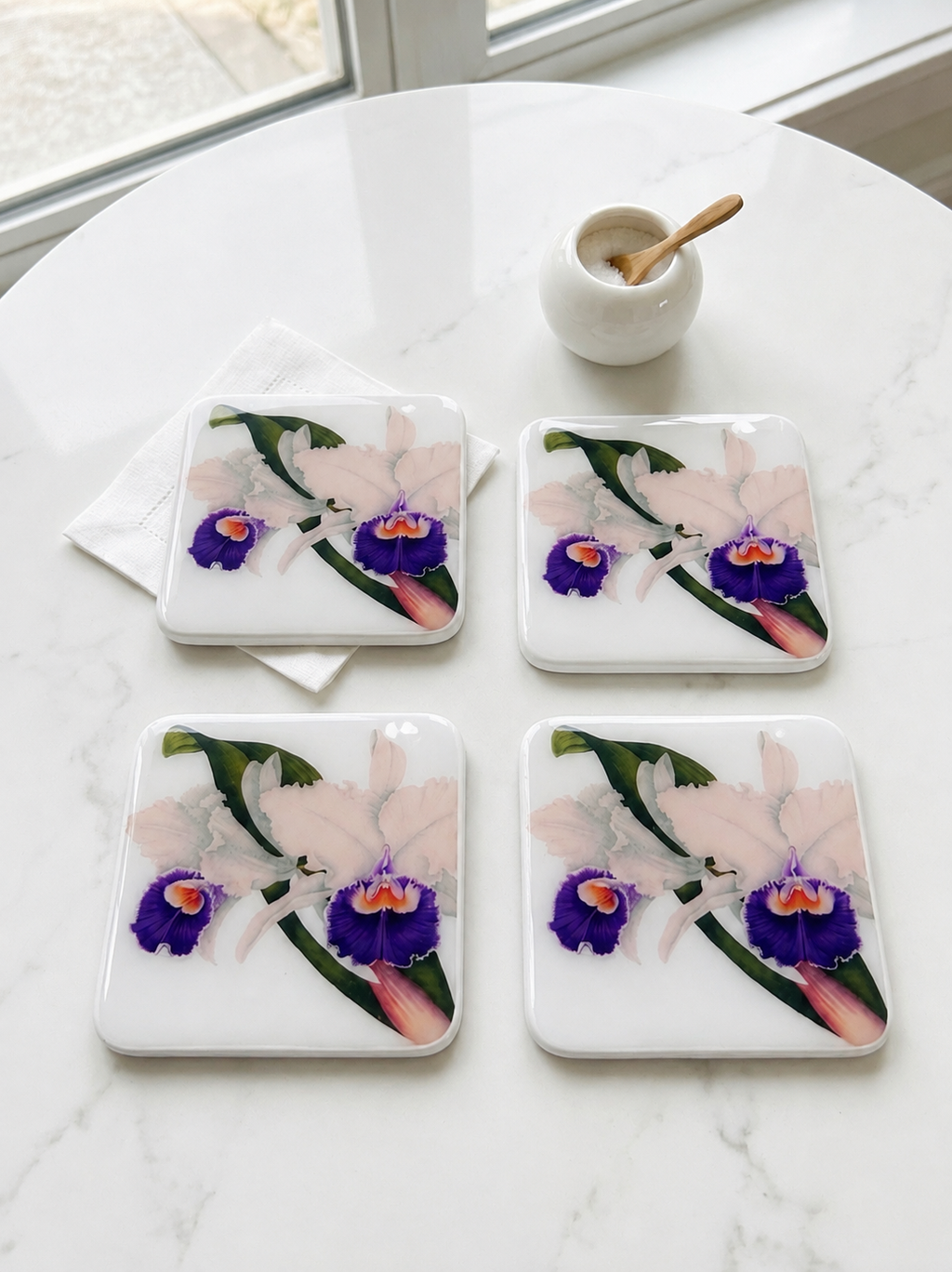 Violet Orchids Luxury Coaster – Handcrafted Resin-on-Wood