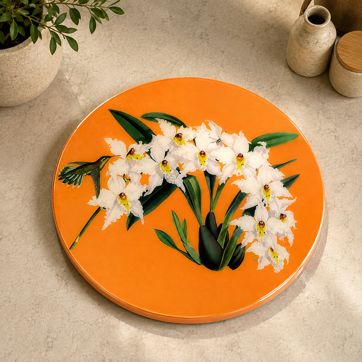 Orange Botanical Lazy Susan | Handcrafted Resin-on-Wood Table Decor