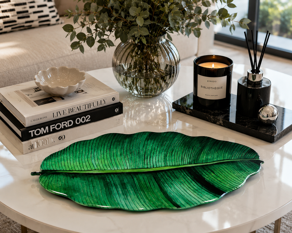 Emerald Banana Leaf Luxury Centerpiece  – Handcrafted Resin-on-Wood