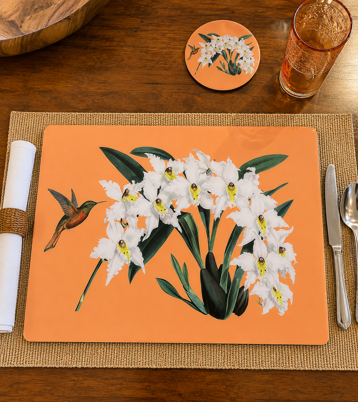 Orange Botanical Placemats| Handcrafted Resin-on-Wood Table Decor