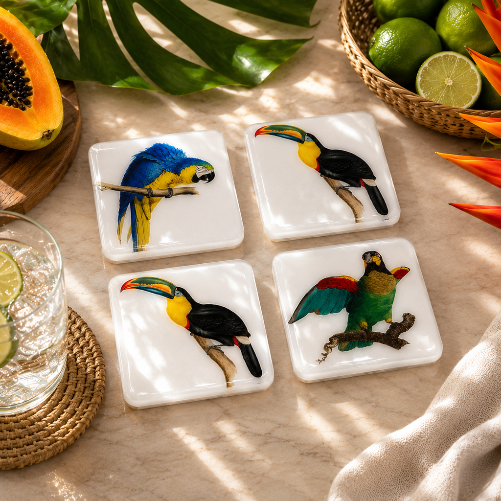 Tropical Birds Luxury Coasters  Handcrafted Resin on Wood