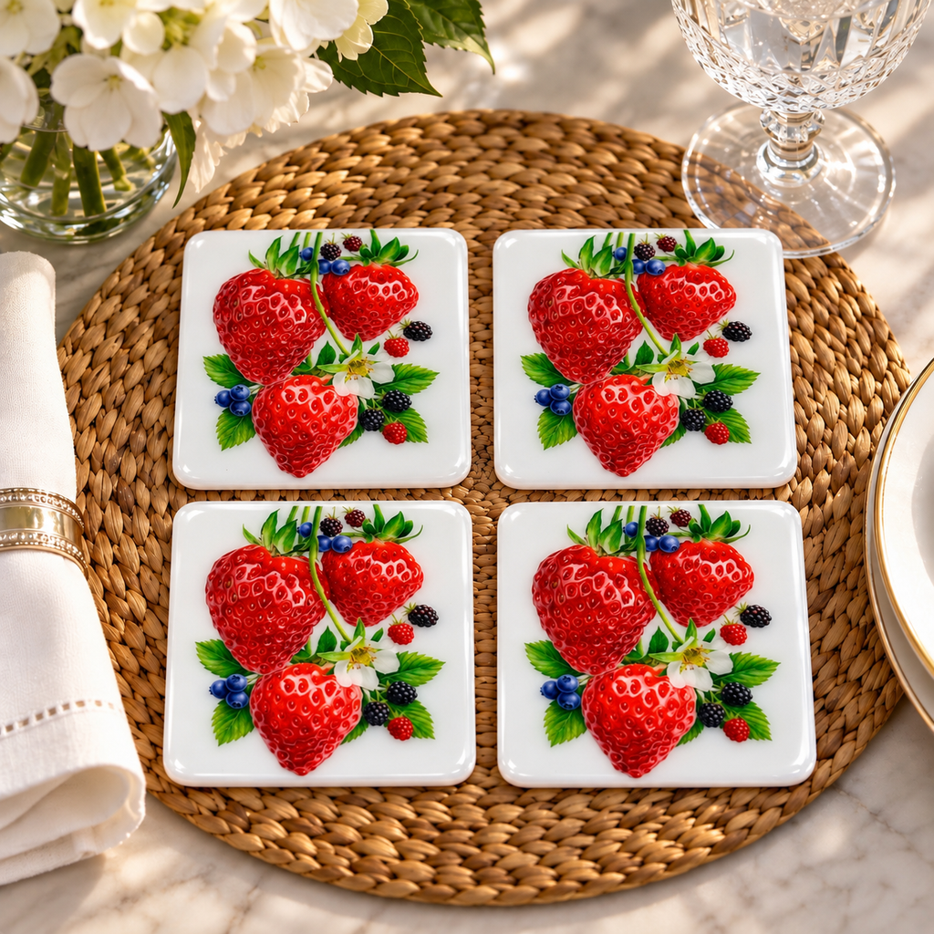 Strawberry & Berry Bliss Luxury Coasters – Handcrafted Resin-on-Wood