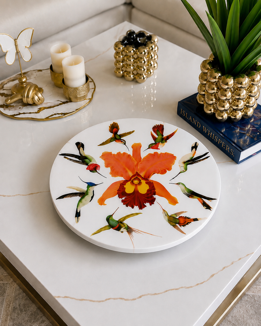 Orquídeas y Colibríes Lazy Susan de Resina de Lujo – Arte de Mesa Hecho a Mano