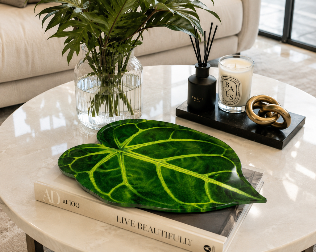 Green Anthurium Leaf Luxury Centerpiece – Handcrafted Resin-on-Wood