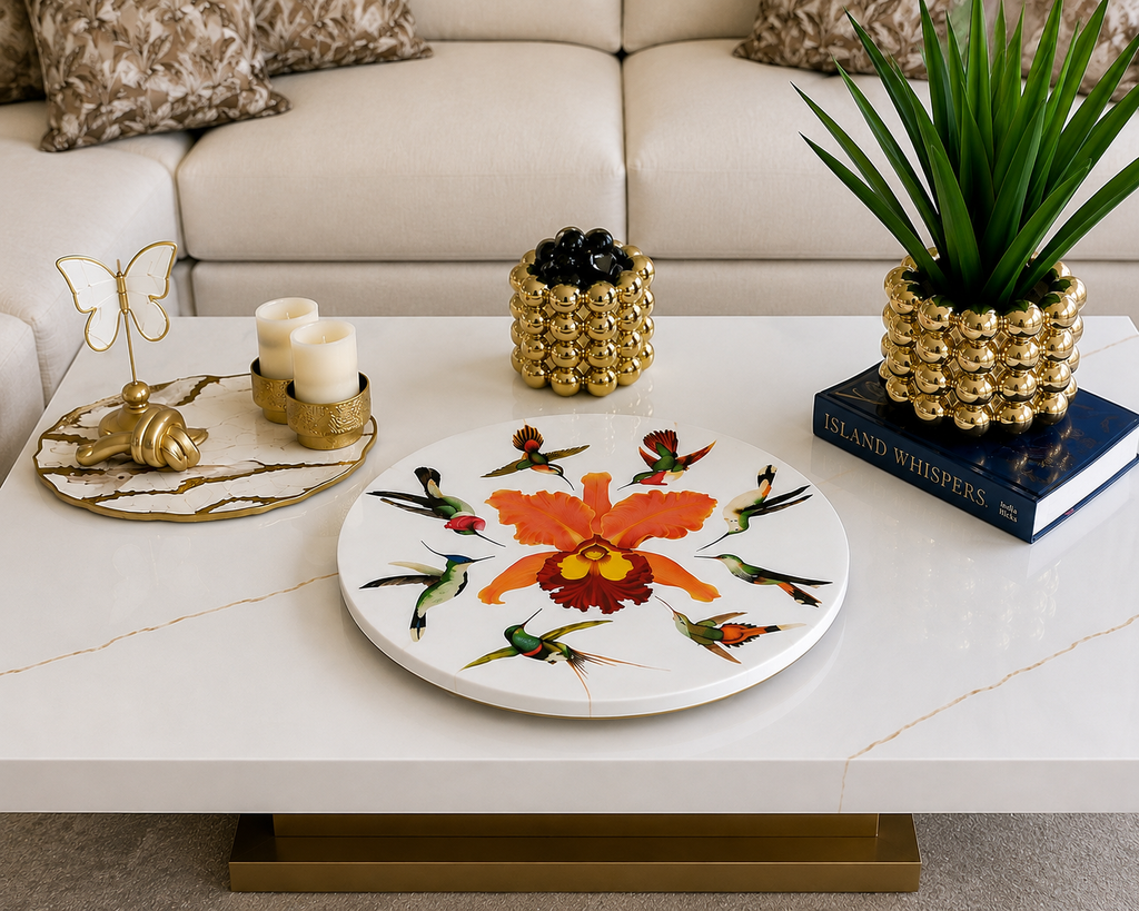 Orquídeas y Colibríes Lazy Susan de Resina de Lujo – Arte de Mesa Hecho a Mano