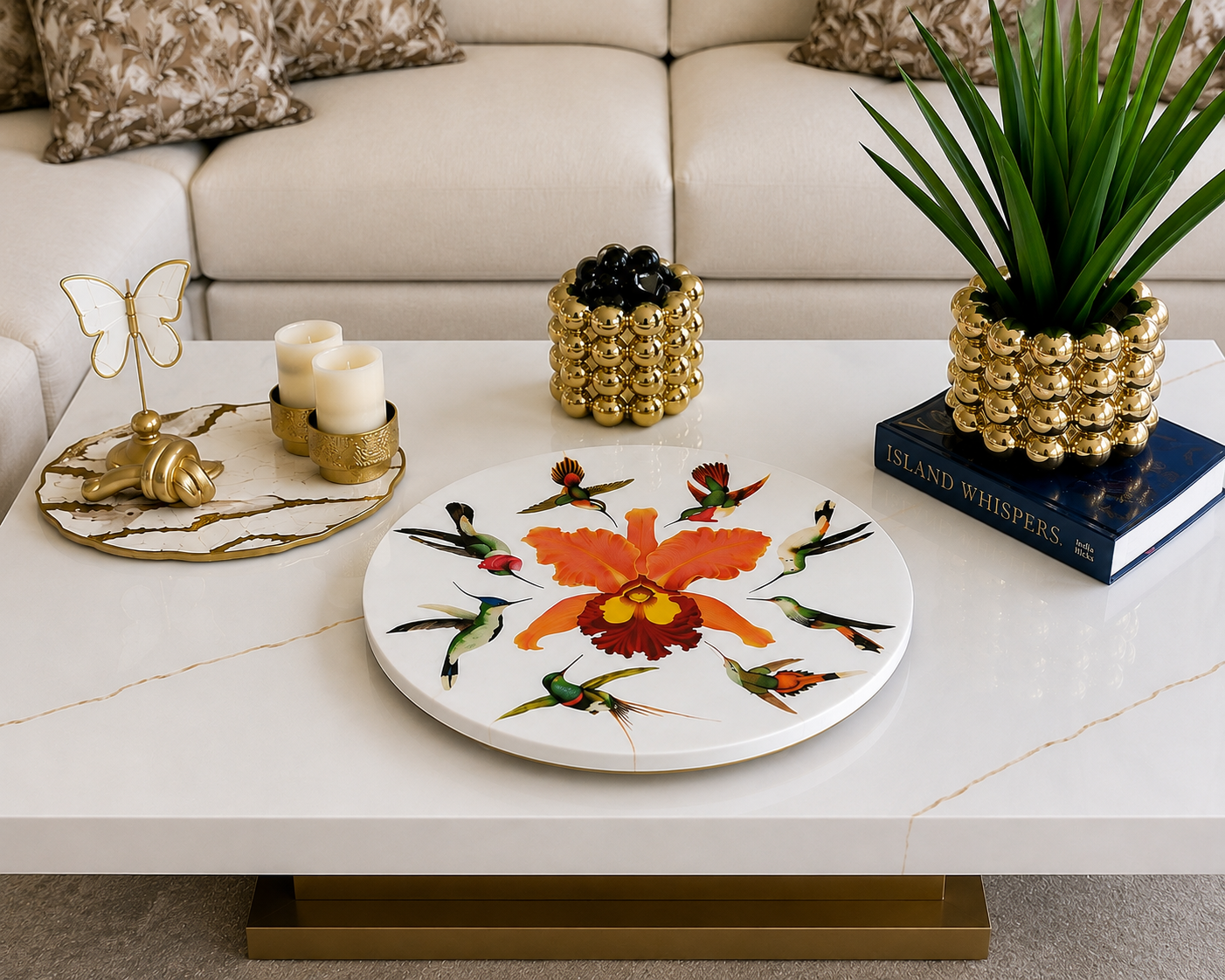 Orquídeas y Colibríes Lazy Susan de Resina de Lujo – Arte de Mesa Hecho a Mano