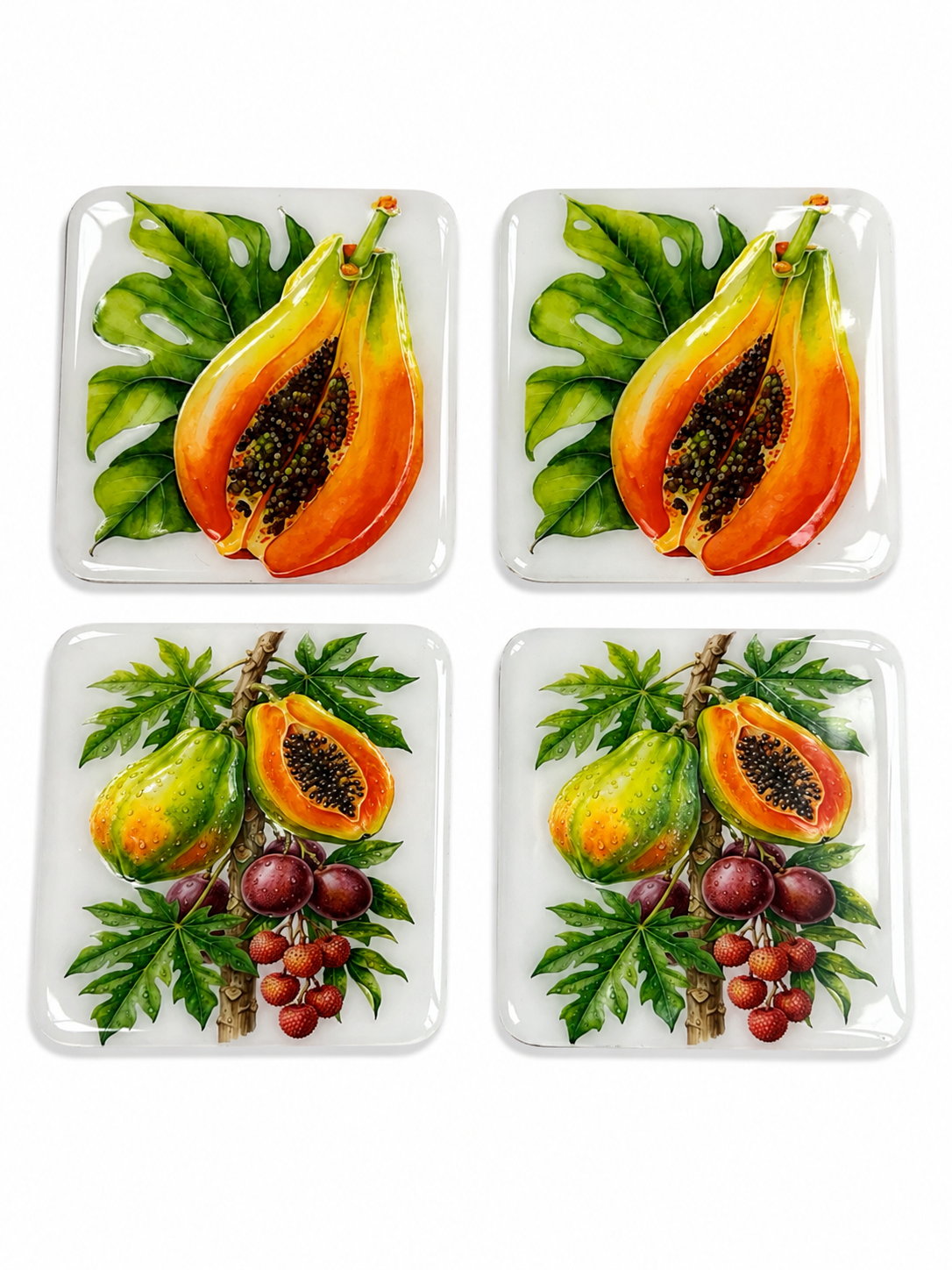Tropical Papaya & Exotic Fruits Luxury Coasters – Handcrafted Resin-on-Wood