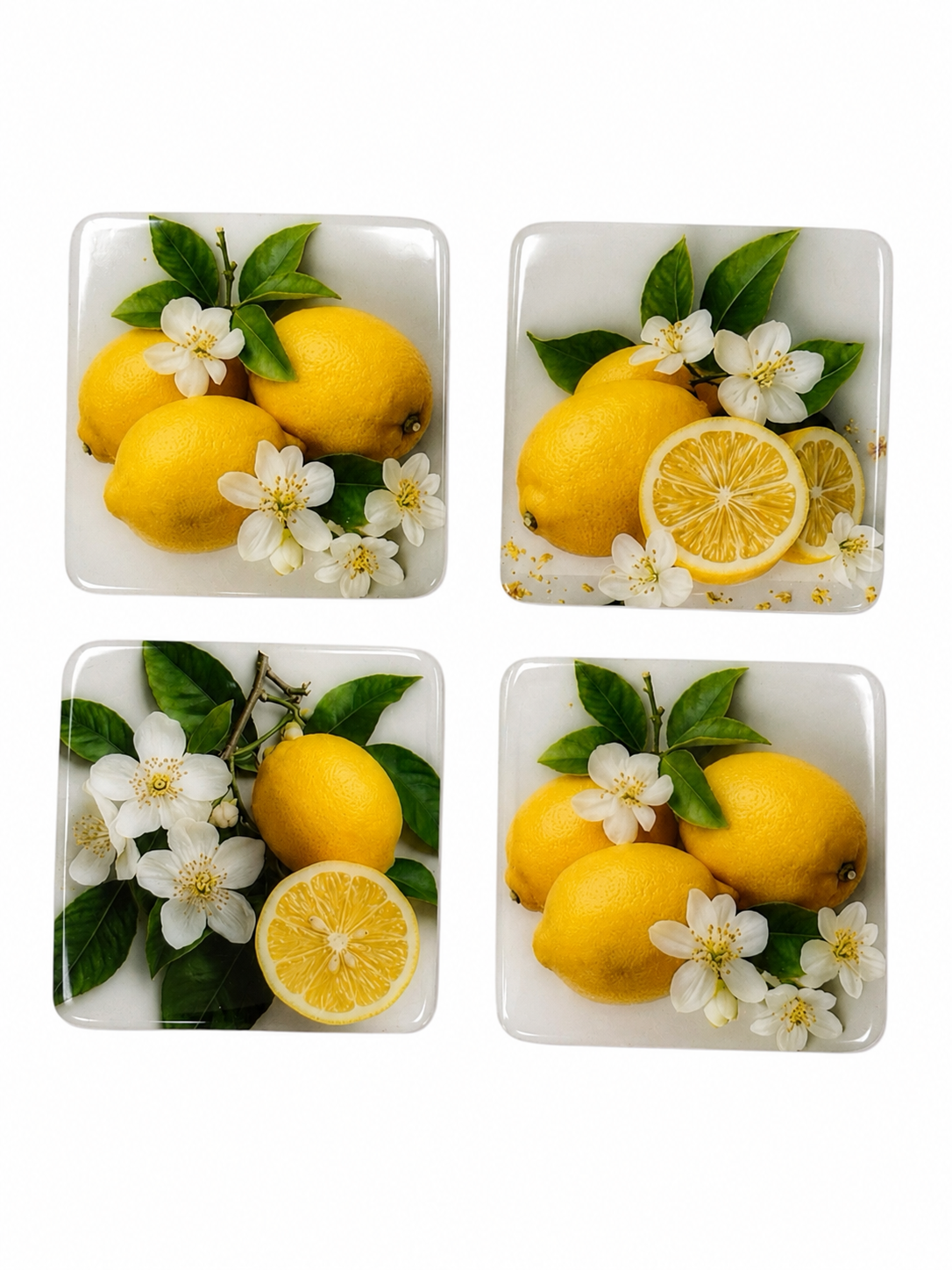 Lemon Blossom Coaster Set  Handmade Resin Art on Wood