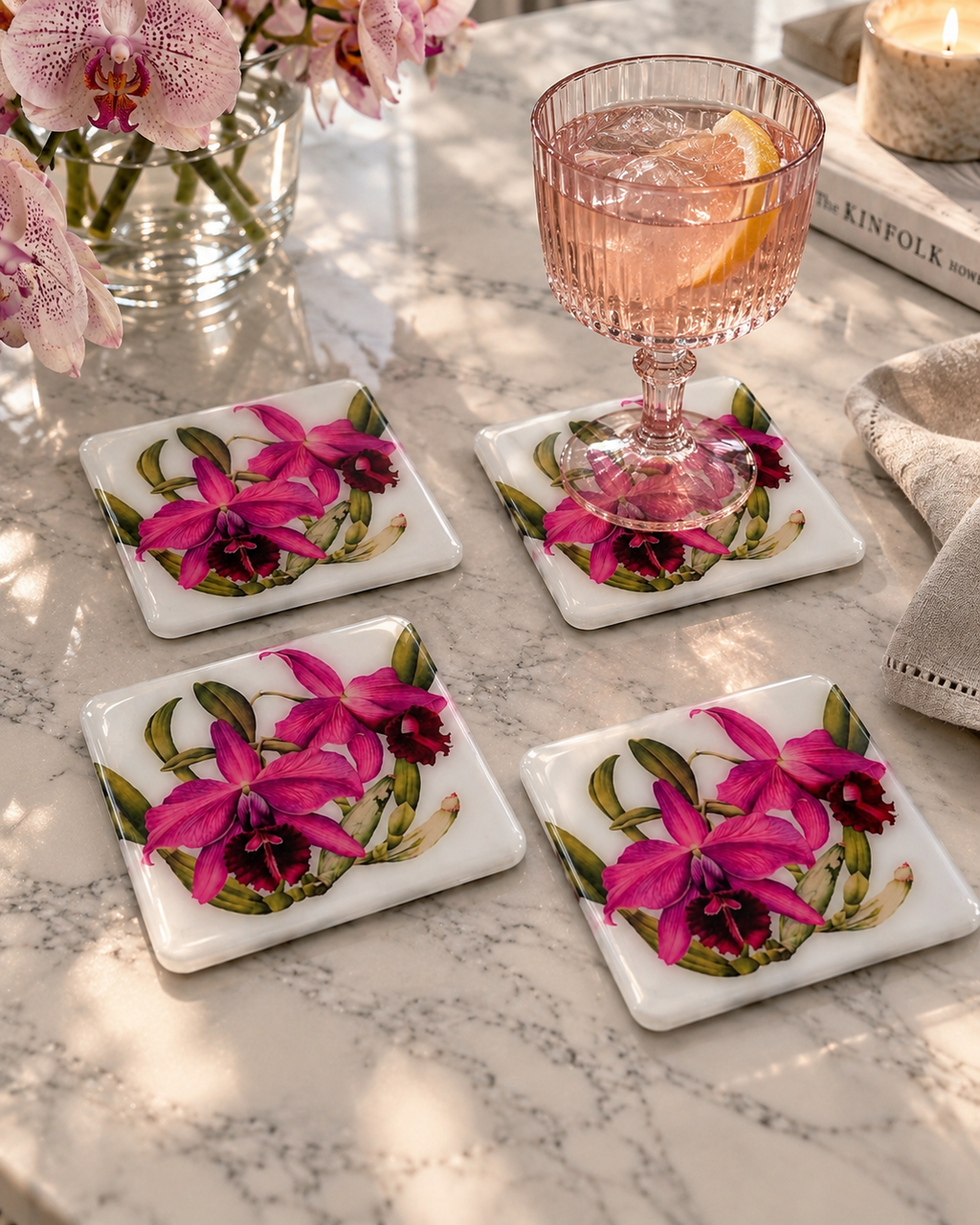 Fuchsia Orchid Coaster Set | Handcrafted Resin-on-Wood Botanical Coasters