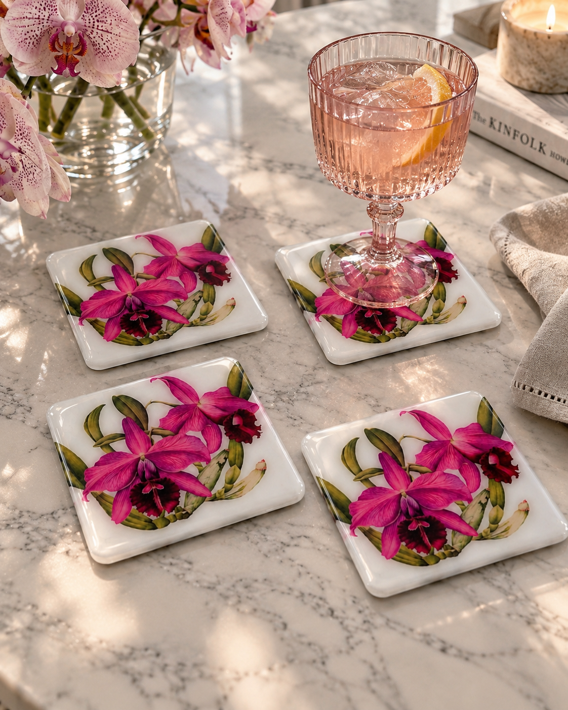 Fuchsia Orchid Coaster Set | Handcrafted Resin-on-Wood Botanical Coasters
