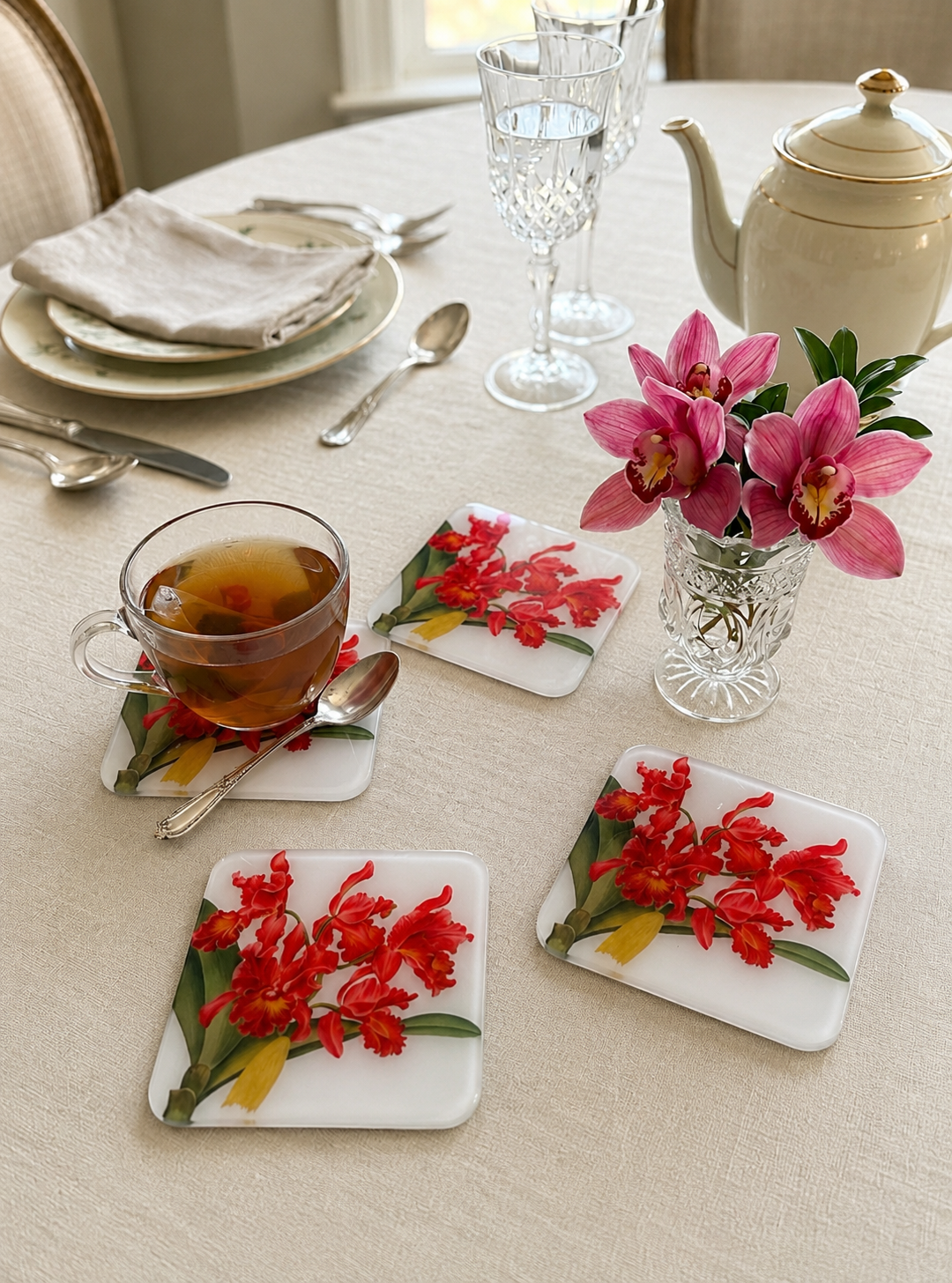 Red Orchid Elegance Coasters | Handmade Floral Table Decor